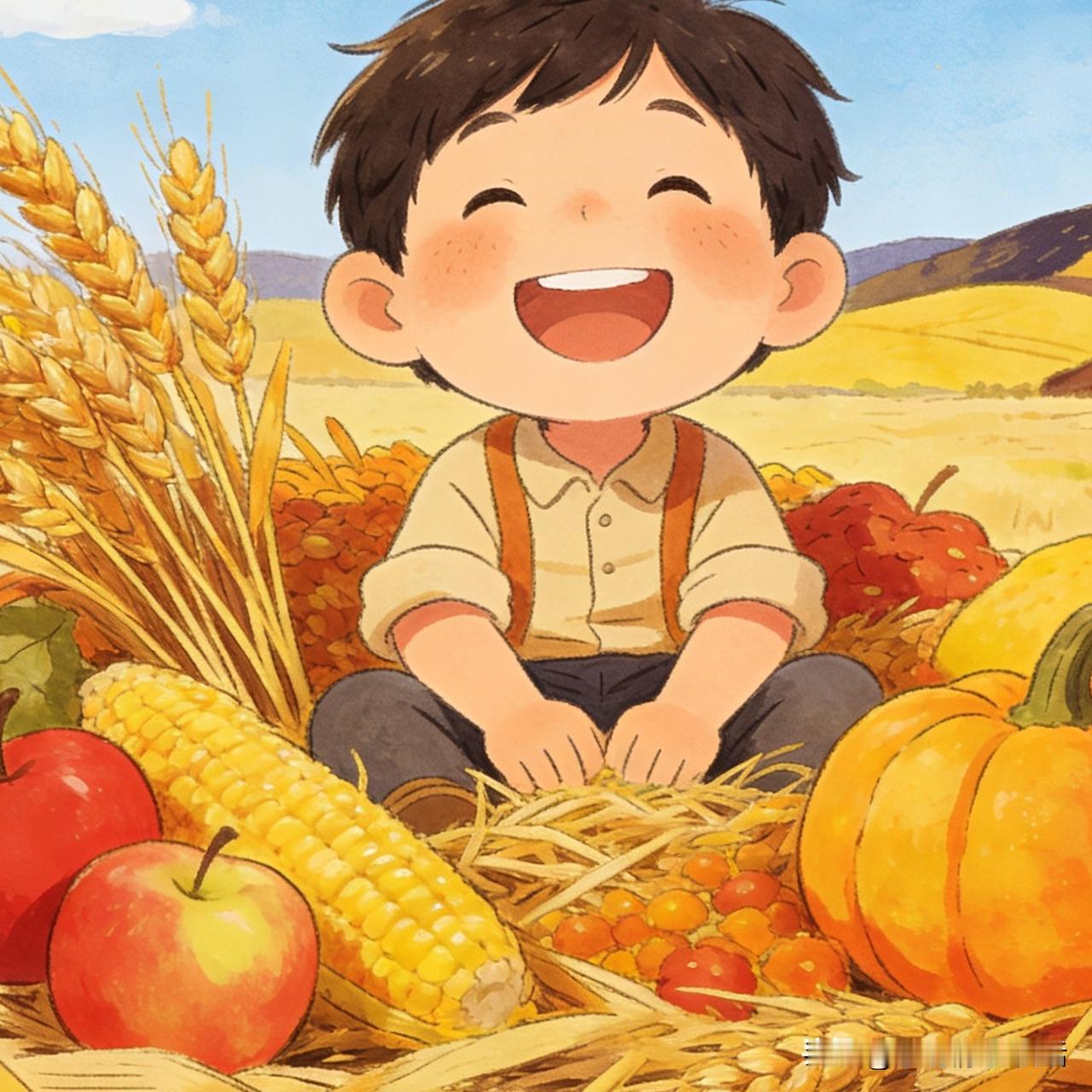 秋天收获的季节，刚收割完麦子，就该掰玉米了，苹果树也不示弱，枝上结出红红的苹果，