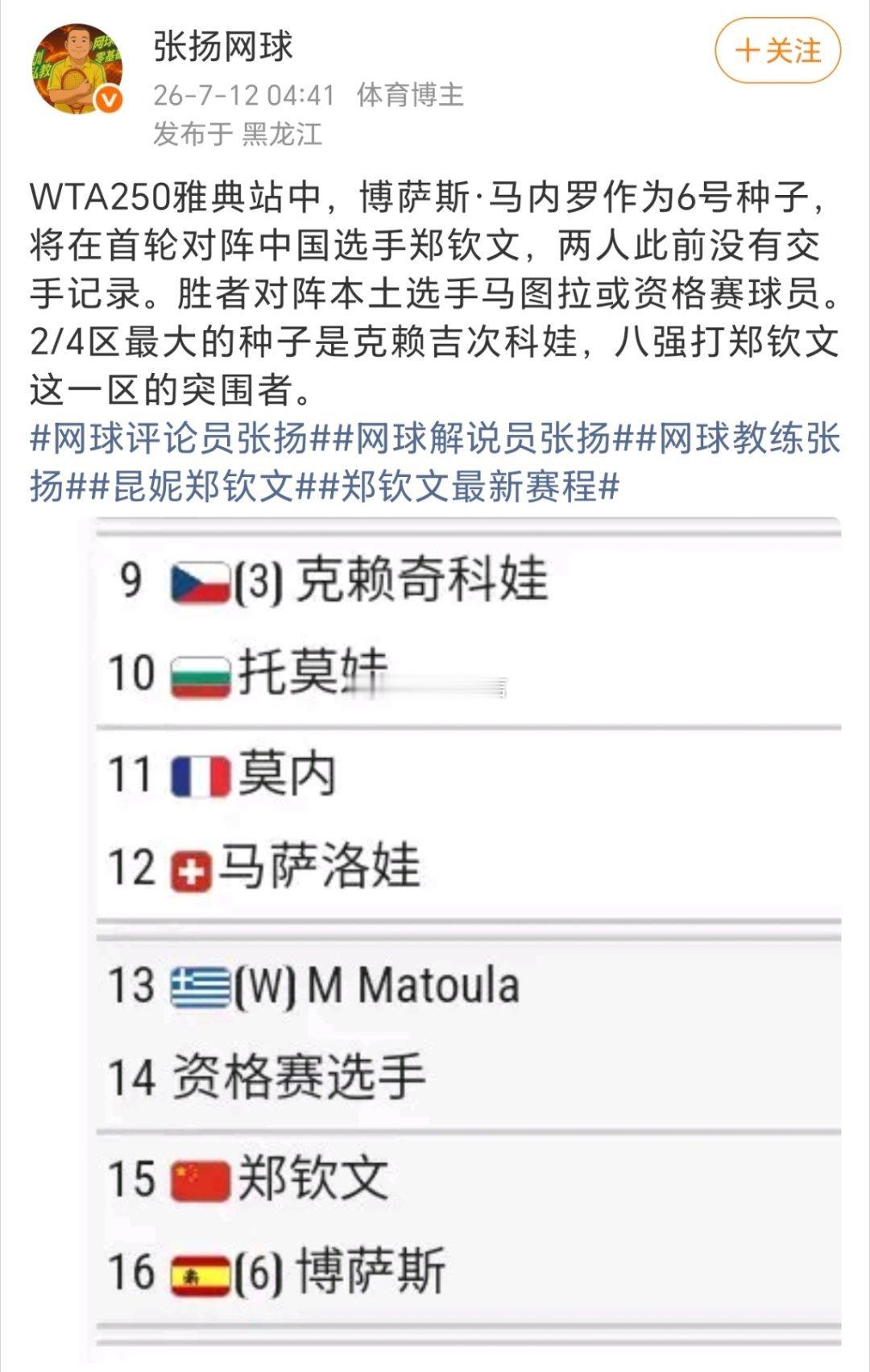 WTA250雅典站，郑钦文签表太差了！第一轮就要对鸡血女，这个人之前好像送蛋血洗