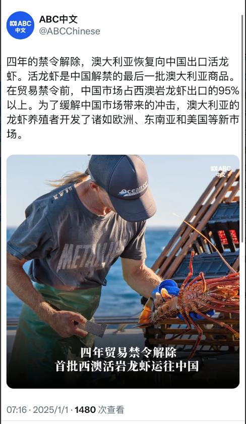 澳大利亚广播公司今天（1月1日）报道：“四年的禁令解除，澳大利亚恢复向中国出口活