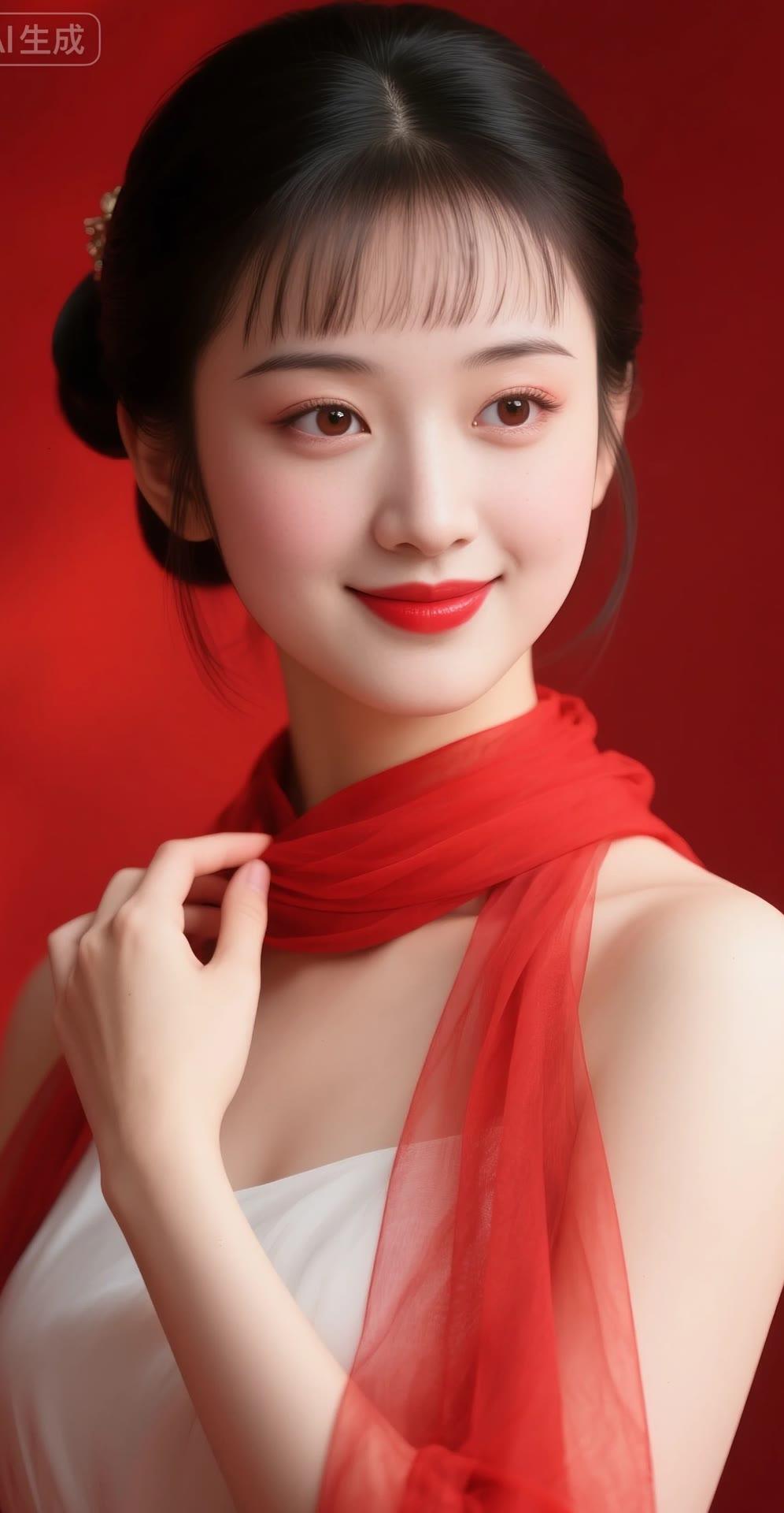 惊艳的古典美人，红衣飘逸，温婉动人。