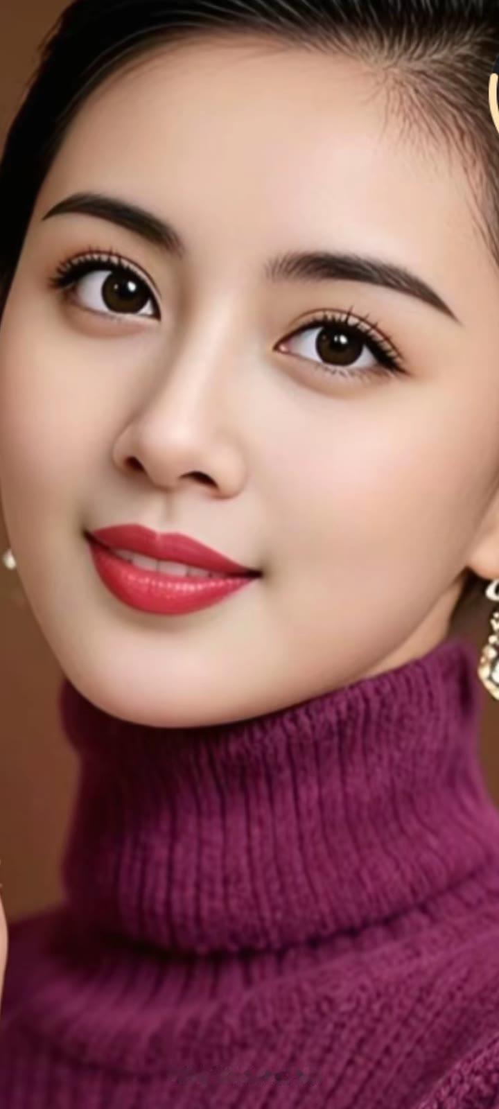 温柔眼妆，甜美红唇，紫色高领毛衣，优雅气质满满！💄👗✨