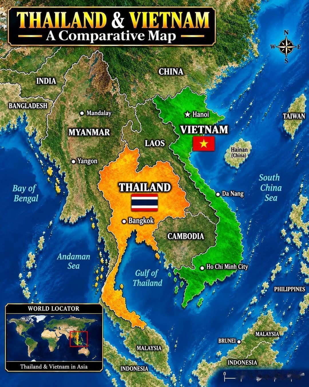 泰国🇹🇭VS越南🇻🇳—等比例地图这张地图对比泰国与越南