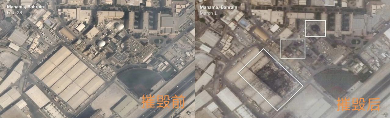 巴林麦纳麦的美国海军第五舰队司令部的两个大型卫星终端、两排仓库的近一半被伊朗人摧