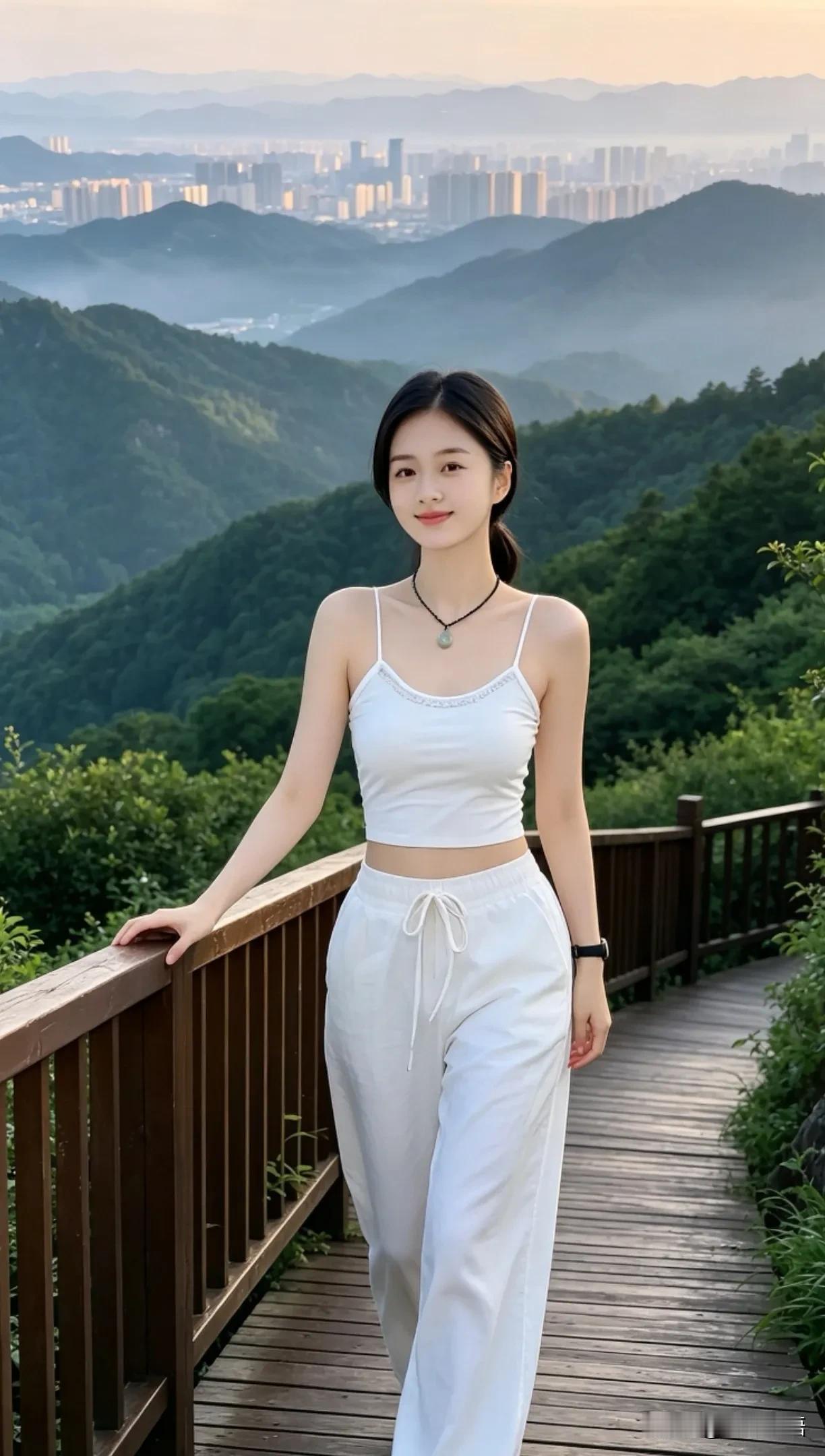 登山感怀远岭含晖接碧天，层峦叠翠锁云烟。凭栏漫览城中景，缓步幽寻石上