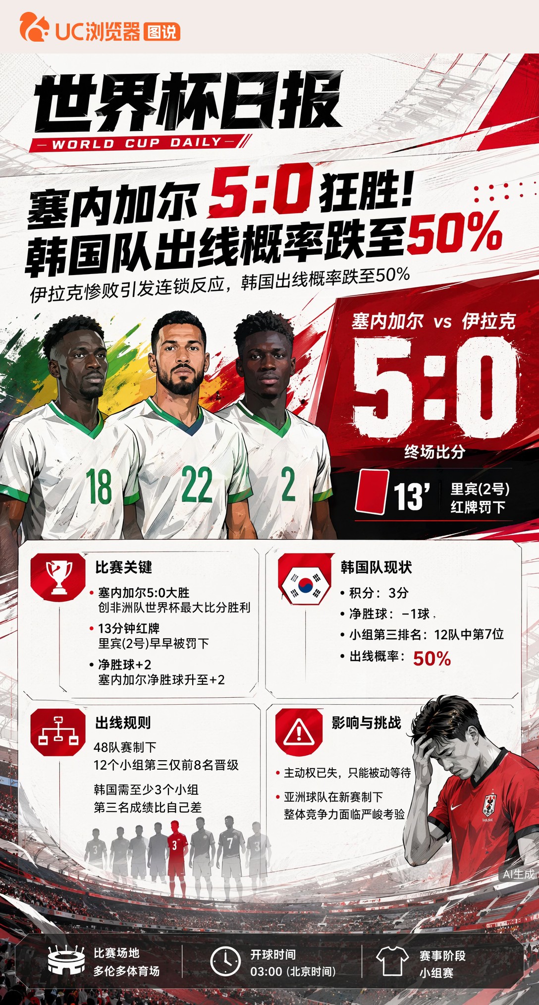 塞内加尔5:0狂胜！韩国队出线概率跌至50%，命悬一线等生死裁决