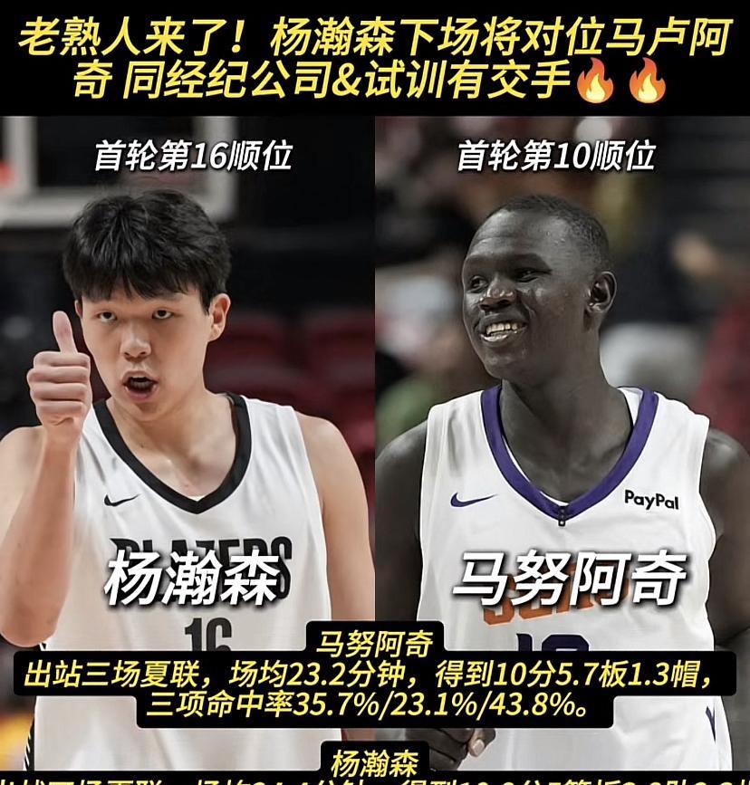 杨瀚森和马努阿奇在夏联的表现很值得对比。杨瀚森4场夏联带队三胜一负，场均登场24