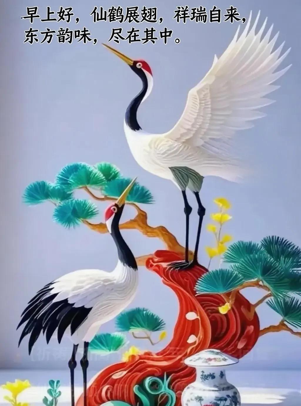[玫瑰]早上好[玫瑰]仙鹤展翅，祥瑞自来，东方韵味，尽在其中。生活，从简单