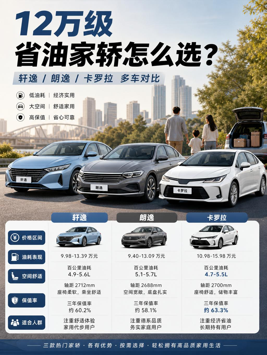 12万级省油家轿怎么选？轩逸、朗逸、卡罗拉谁更适合家用？如果预算在12万元左右，想买一台省心、省油、