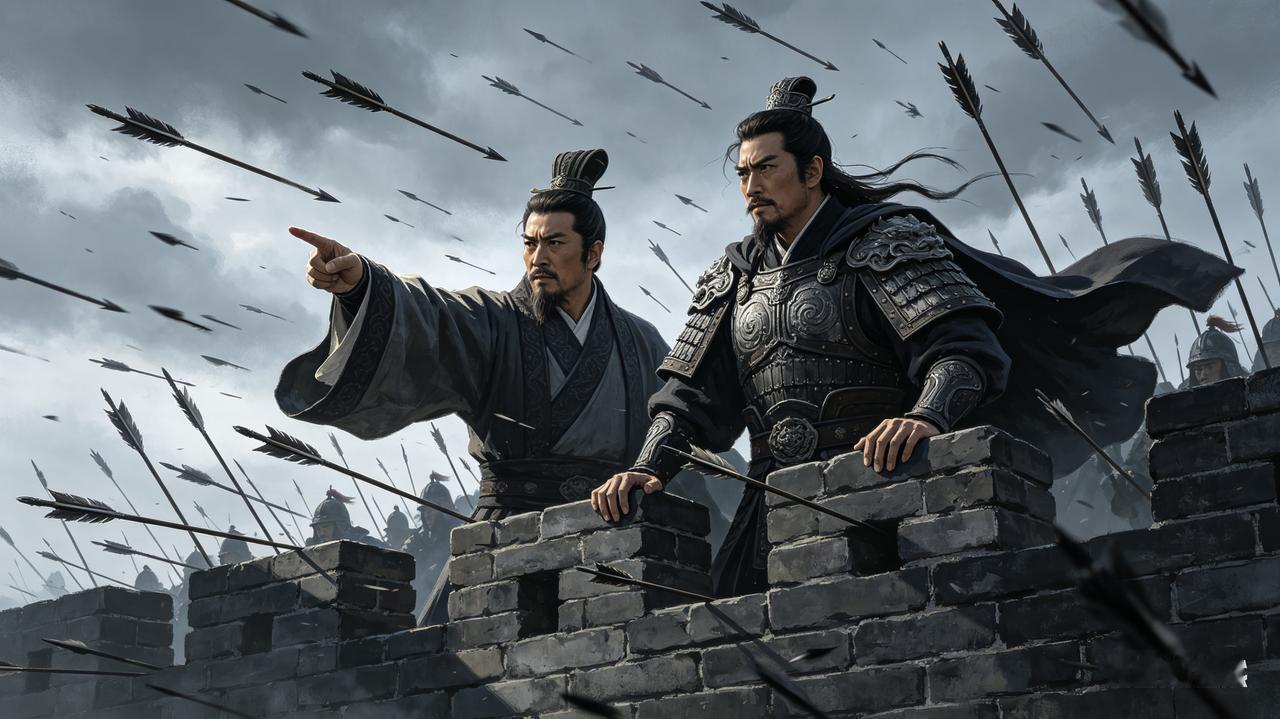 218年，刘备在城墙上指挥作战，敌军箭矢如雨，所有人都劝刘备撤退。刘备大怒：“再