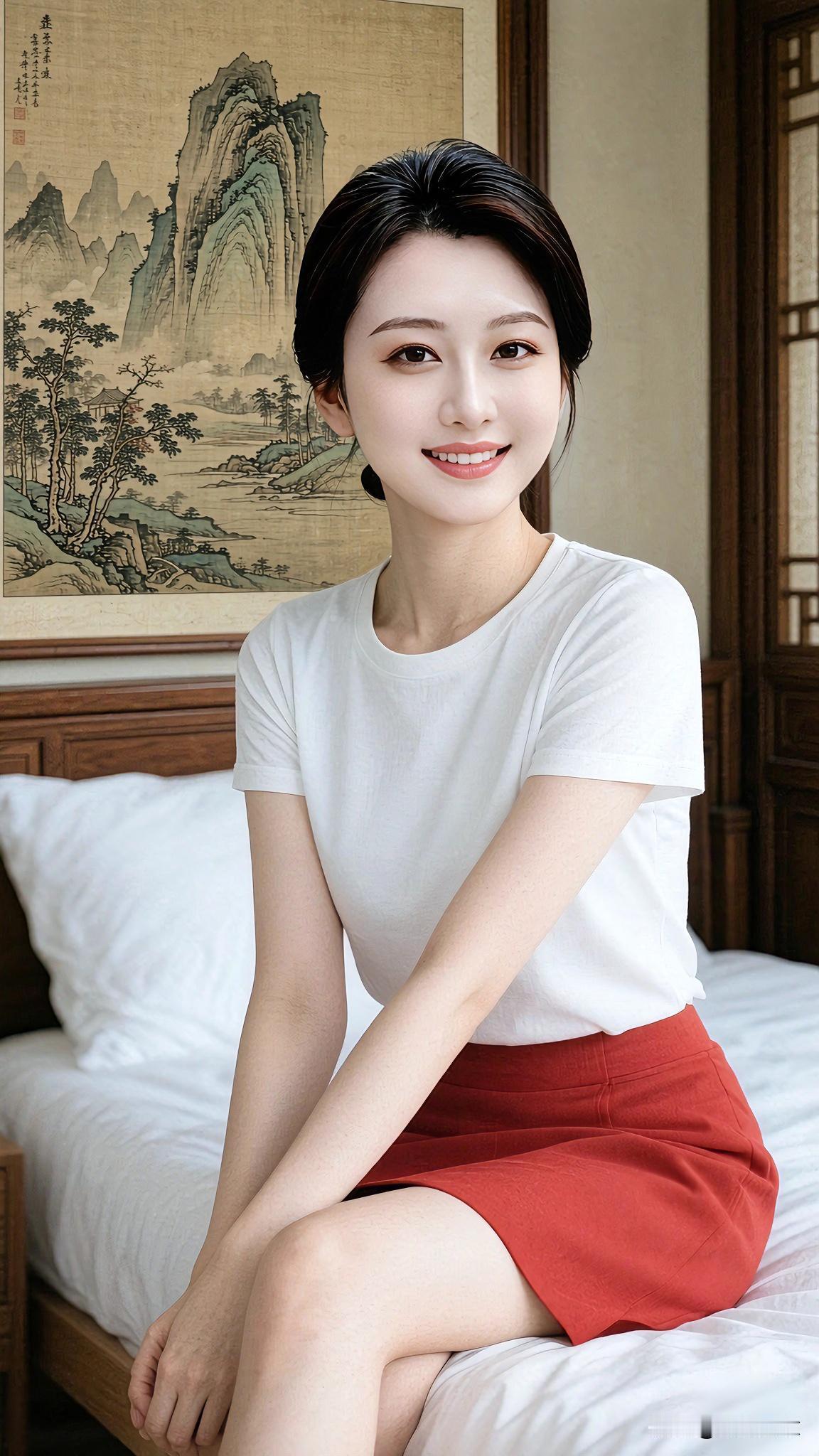我这身白T恤搭配红半裙，简约又有色彩感，大方得体，舒服自在，日常出门轻松拿捏温婉