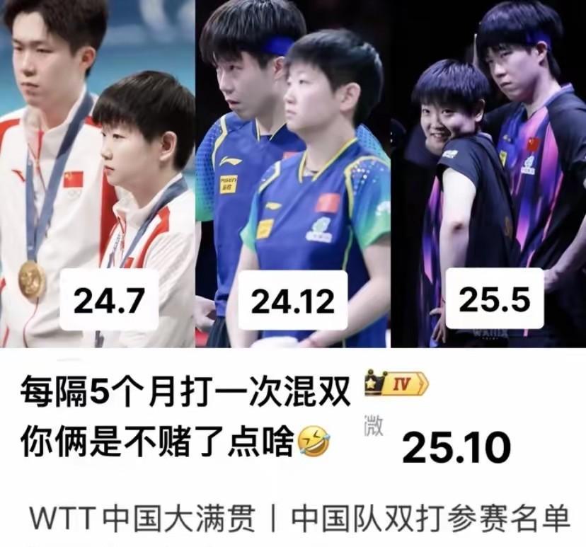 发现了吗？莎莎和王楚钦是5个月打一次混双，2024年7月的巴奥，2024年