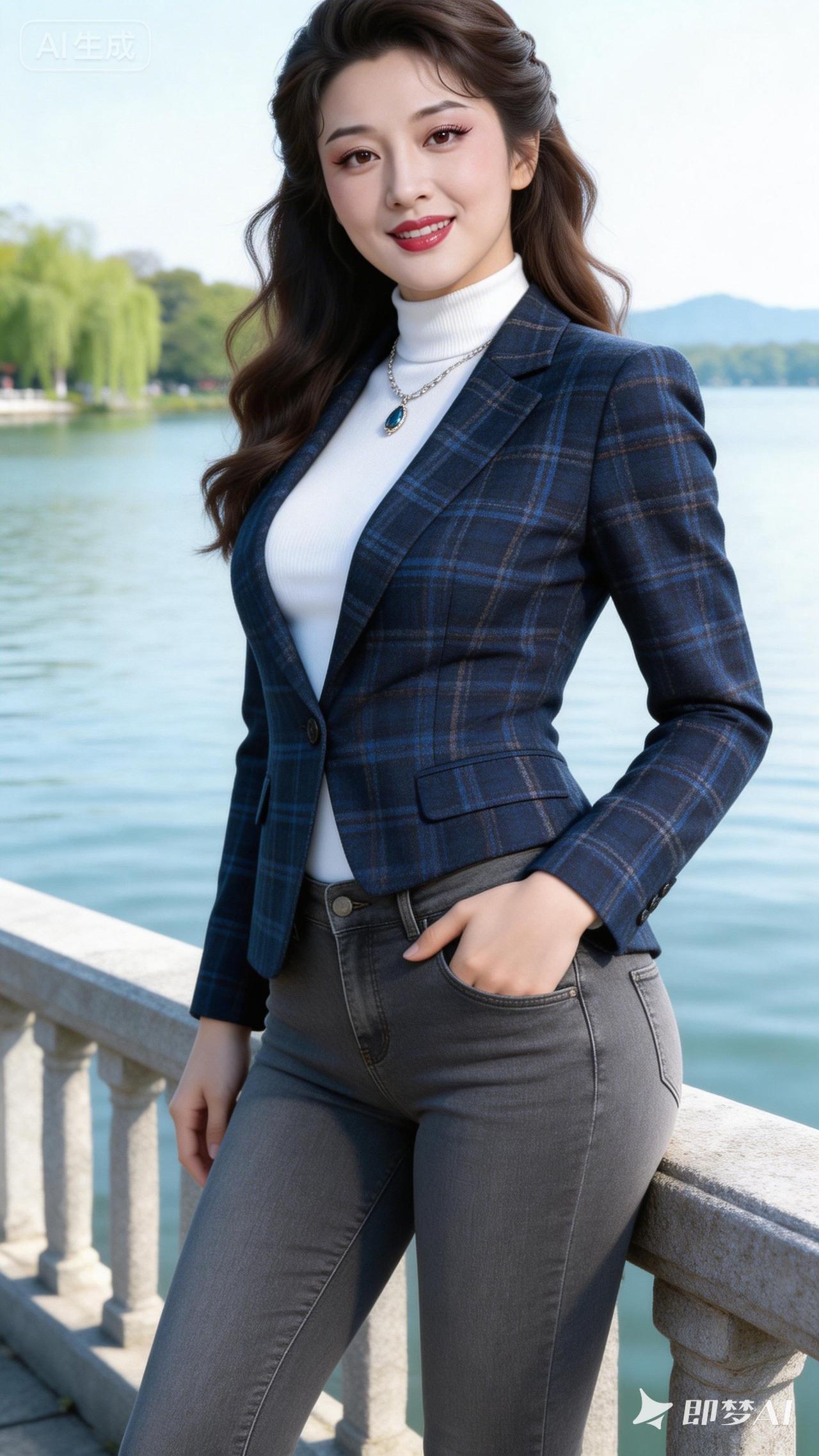 优雅职场风穿搭，蓝白相间格纹西装，自信微笑，尽显女性魅力！