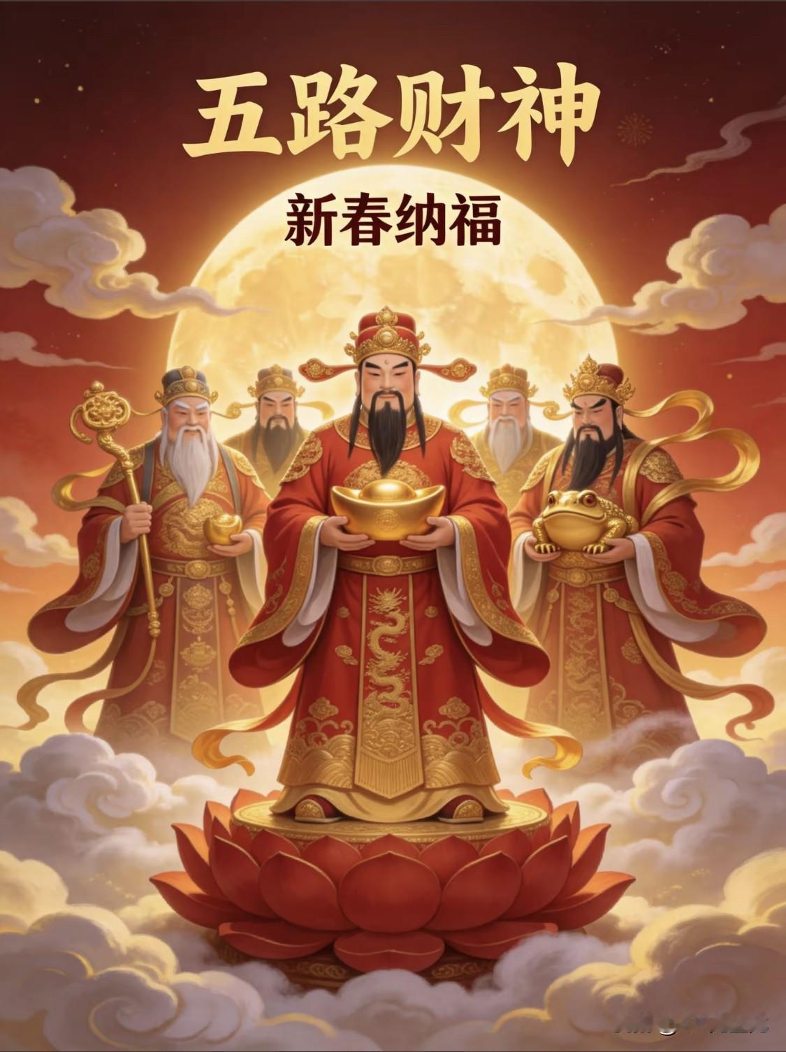 正月初五迎财神，五路财神齐进门，年年富足事事顺，四季财源福满门！祝大家财
