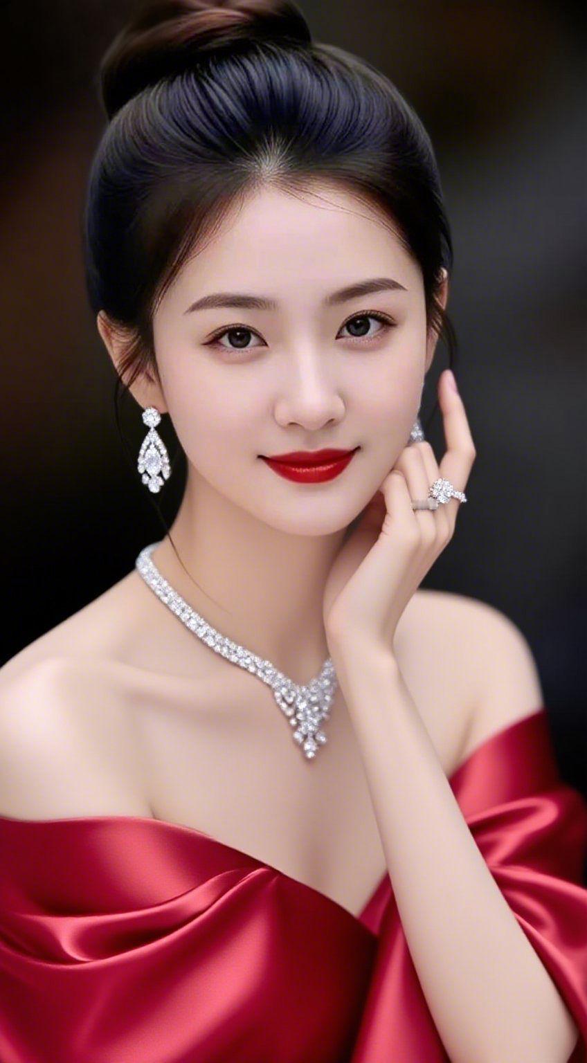 《绛月》酒红缎面轻垂肩臂，像接住了一捧沉落的晚霞。盘起的发梢衬着利落，颈间