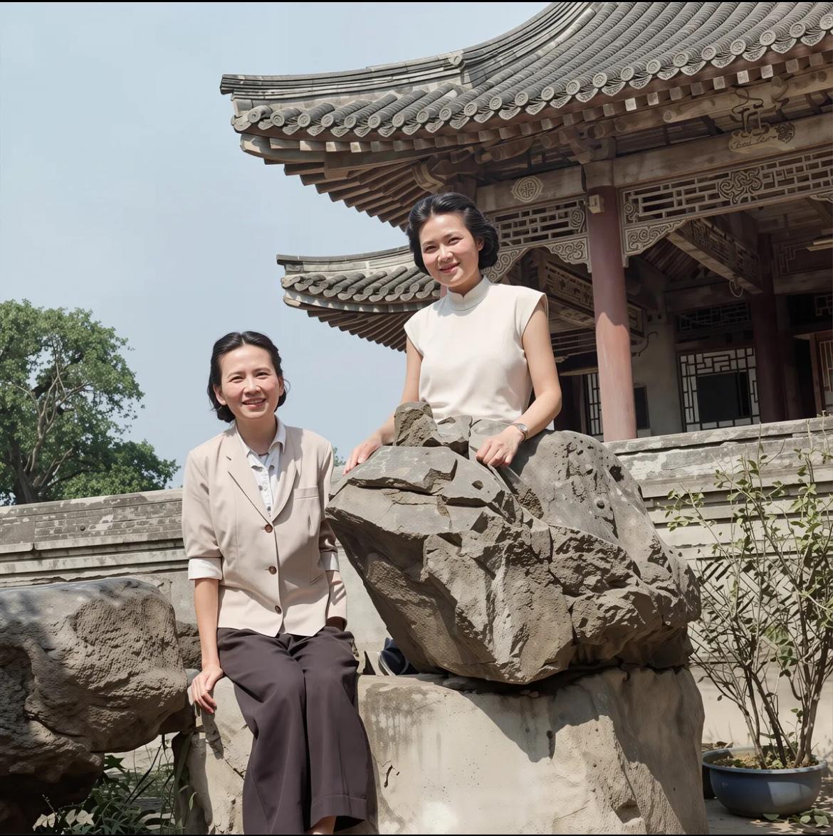 1947年颐和园，林徽因与18岁的女儿梁再冰的合影，与母亲非常神似