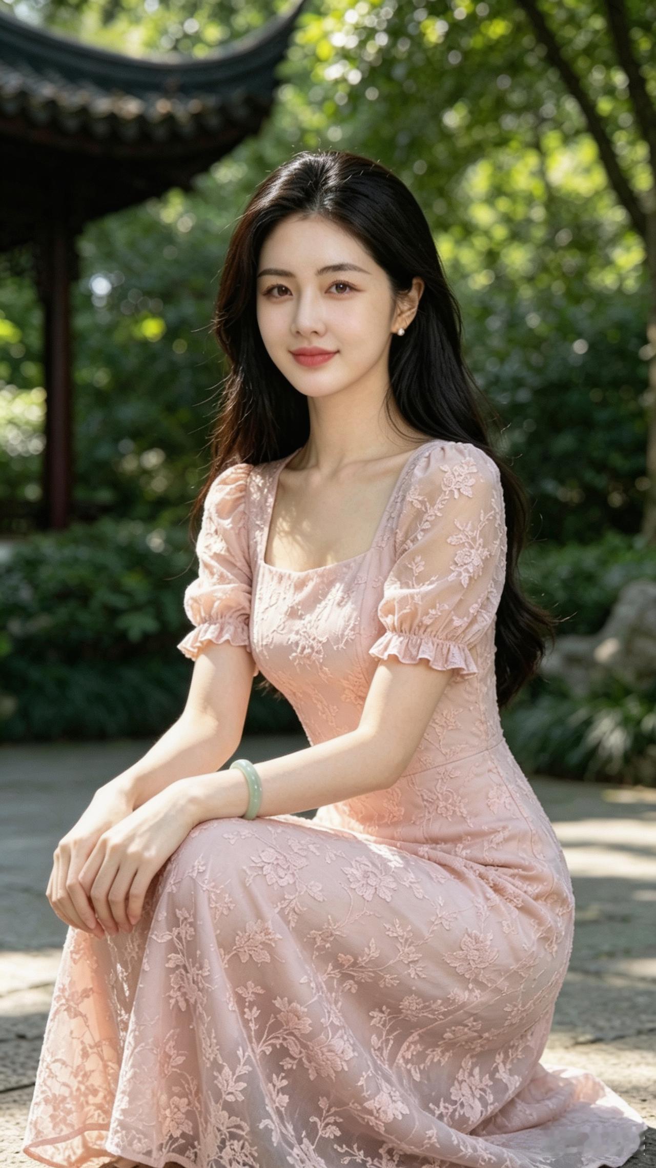 一位女孩在公园里穿着粉色裙子微笑。