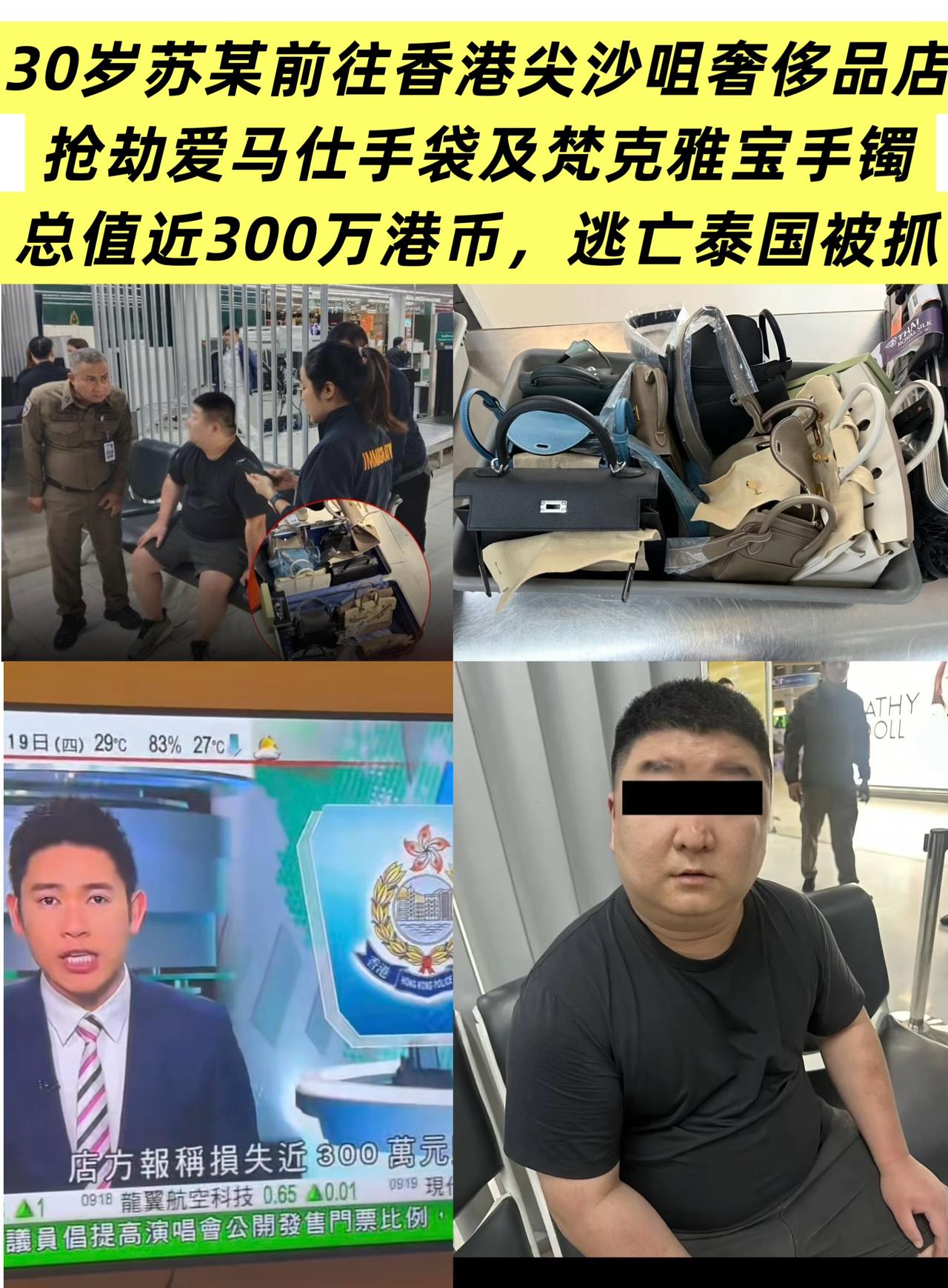 在香港尖沙咀奢侈品店抢劫爱马仕手袋和梵克雅宝手镯的苏某在泰国落网，30岁内地男子