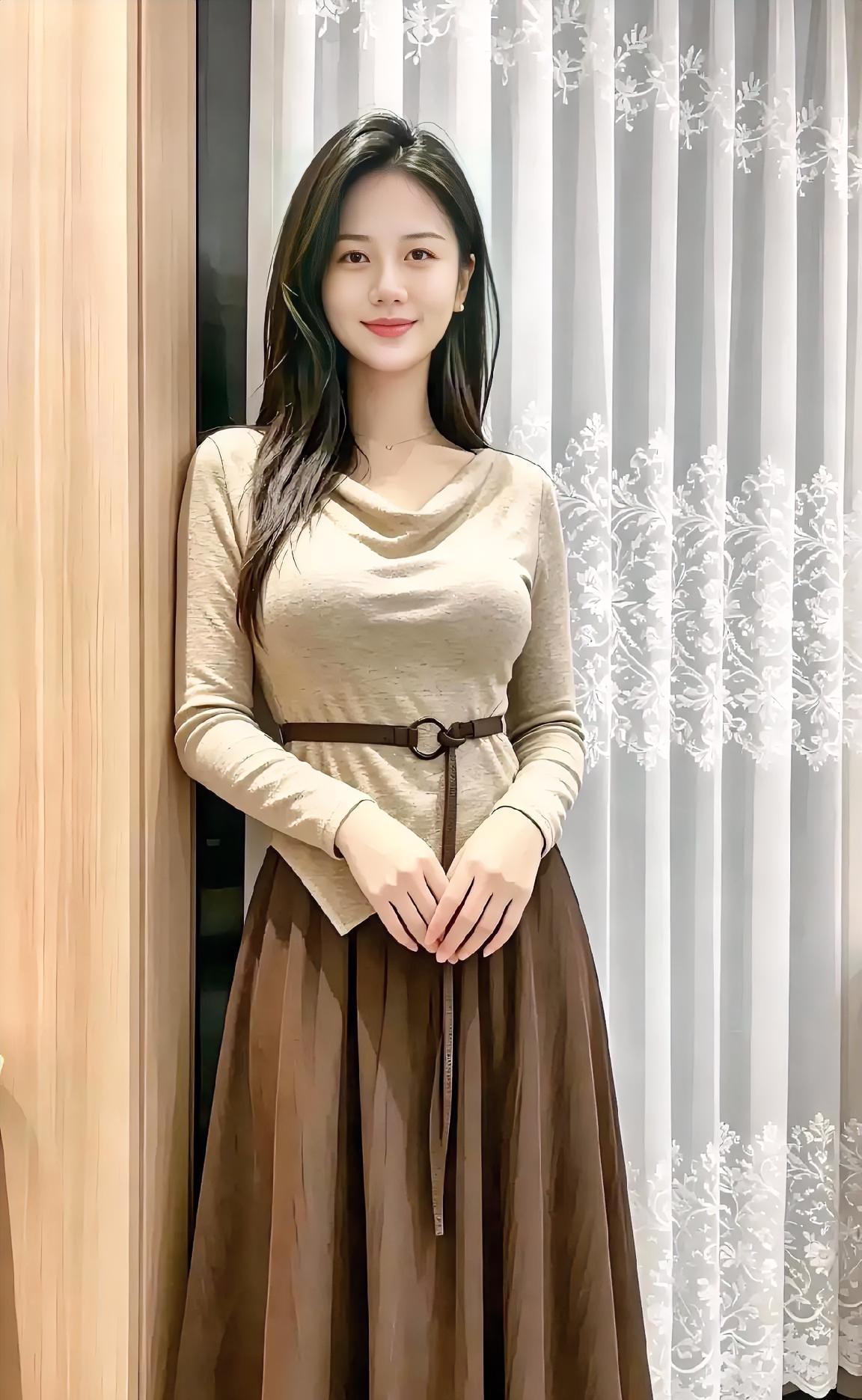 《窗畔温柔》蕾丝帘影，木色轻依，你着米色温柔，棕裙垂地。环扣腰带，勾