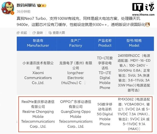 【消息称realme真我Neo7Turbo搭载天玑9400e处理器