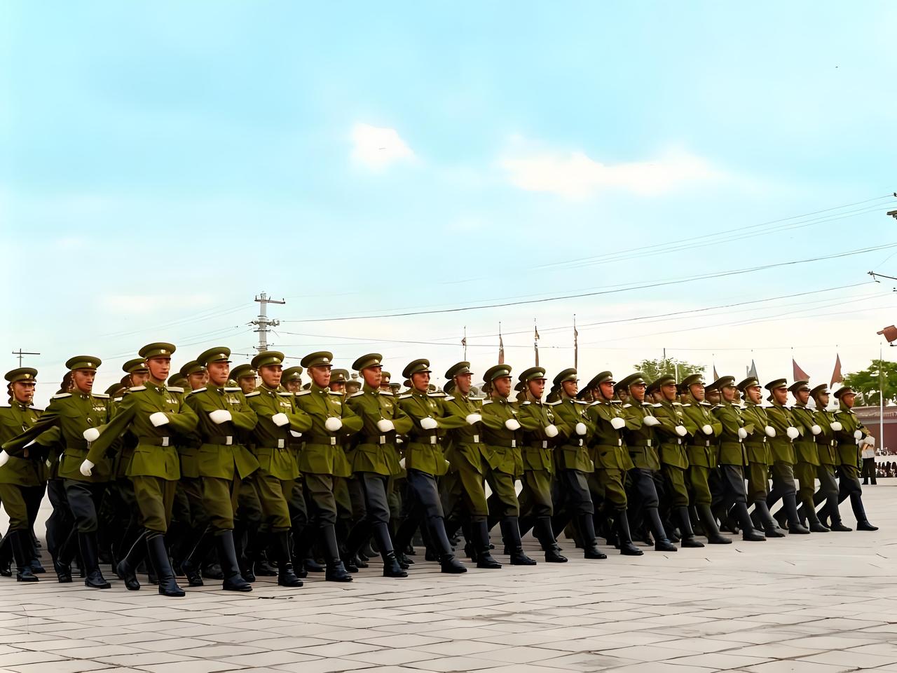 1955年国庆阅兵式上，身着新式军装的坦克学校军官队伍正以整齐划一的步伐通过天安