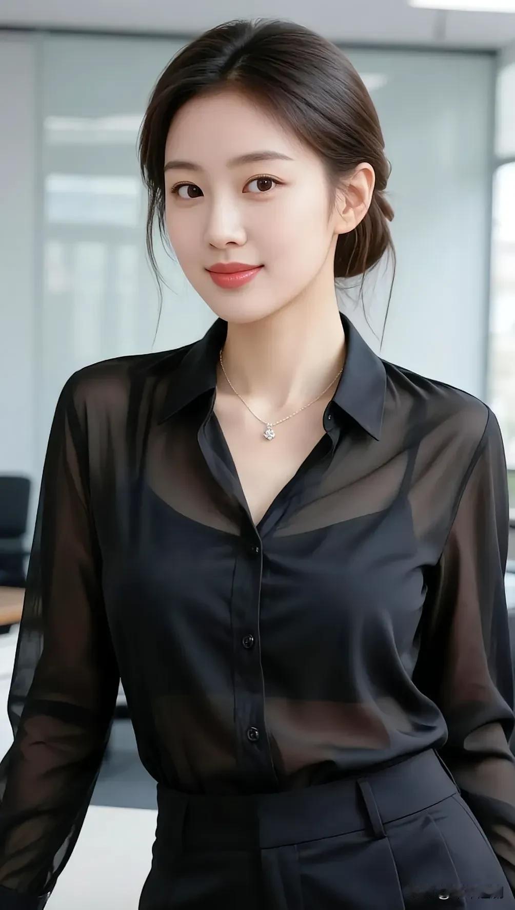 黑纱衬衫裹着利落气场，细链钻饰缀着轻柔心思，职场里的柔与韧，都藏在这抹从容笑意里