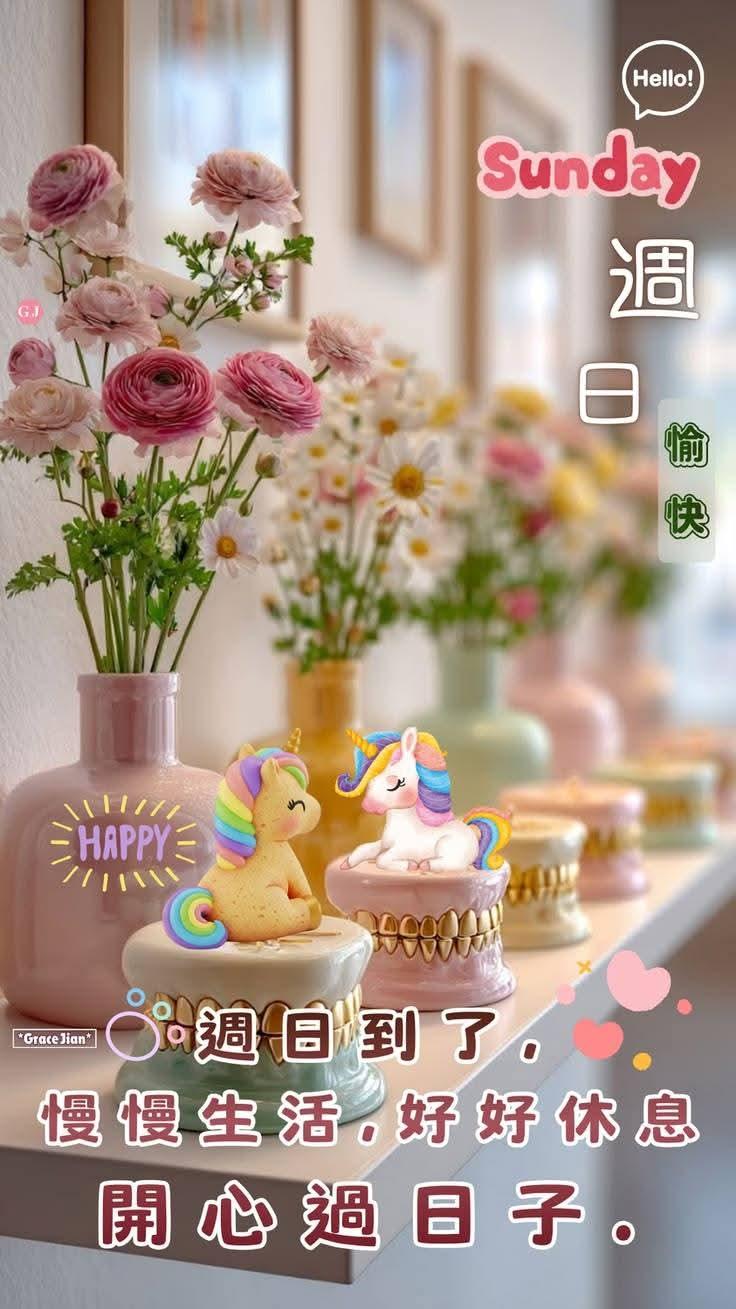 “周日愉快，慢享生活，开启美好一天！”🌸🦄💖
