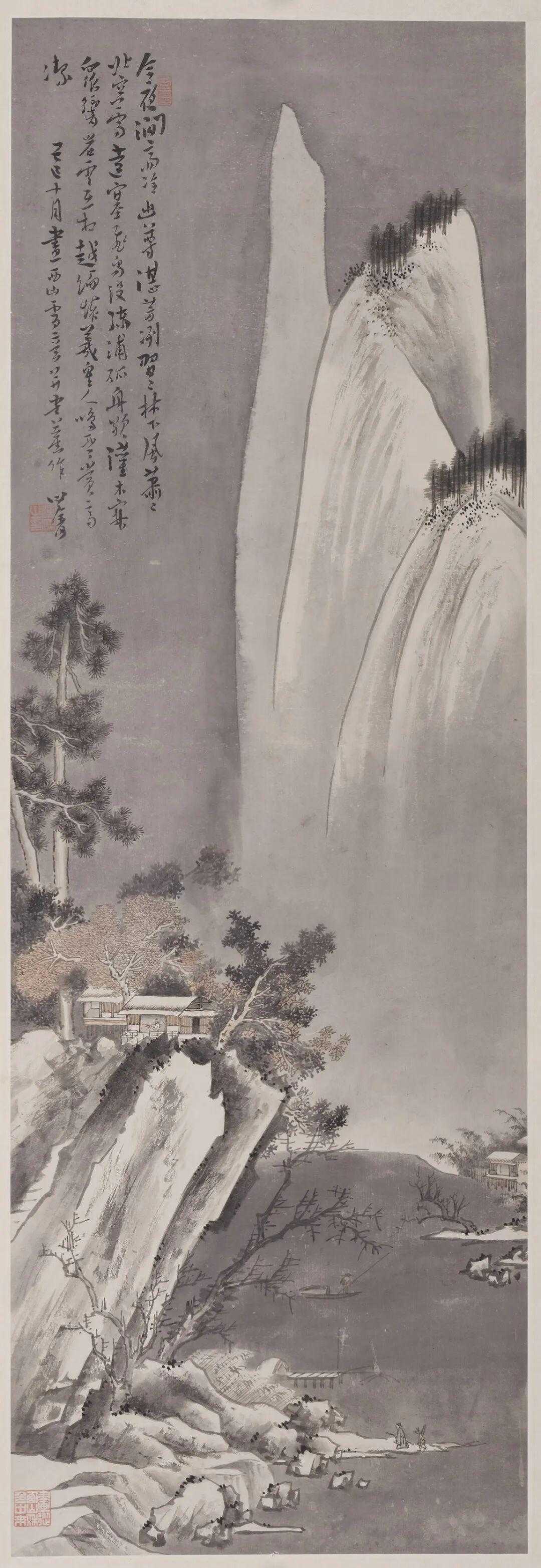 溥儒《风雪归舟》，设色纸本99X33.5cm。款识：今夜润高冷，出尊湛芳冽，习