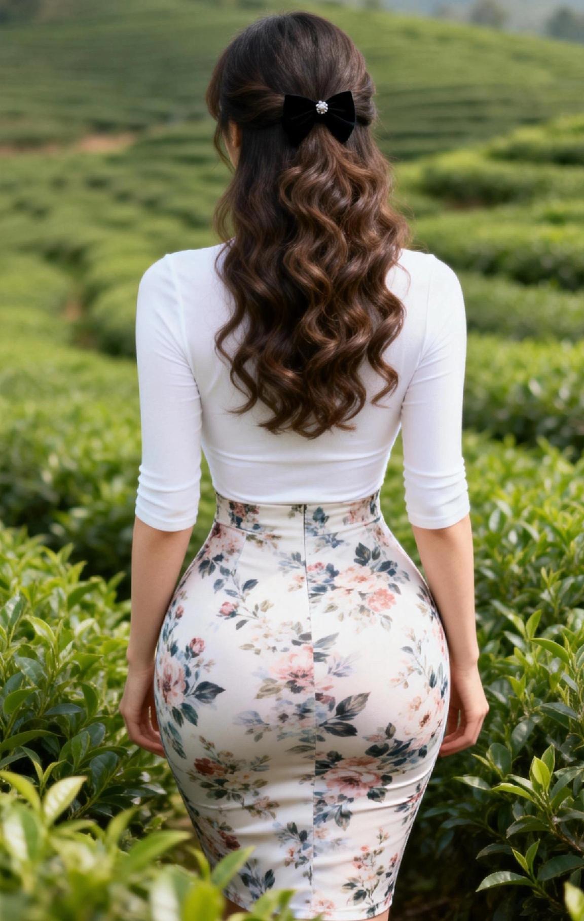 姐姐的背影就美到心巴上！微卷长发用黑蝴蝶结轻挽，俏皮又显气质。白上衣衬得肌肤如雪