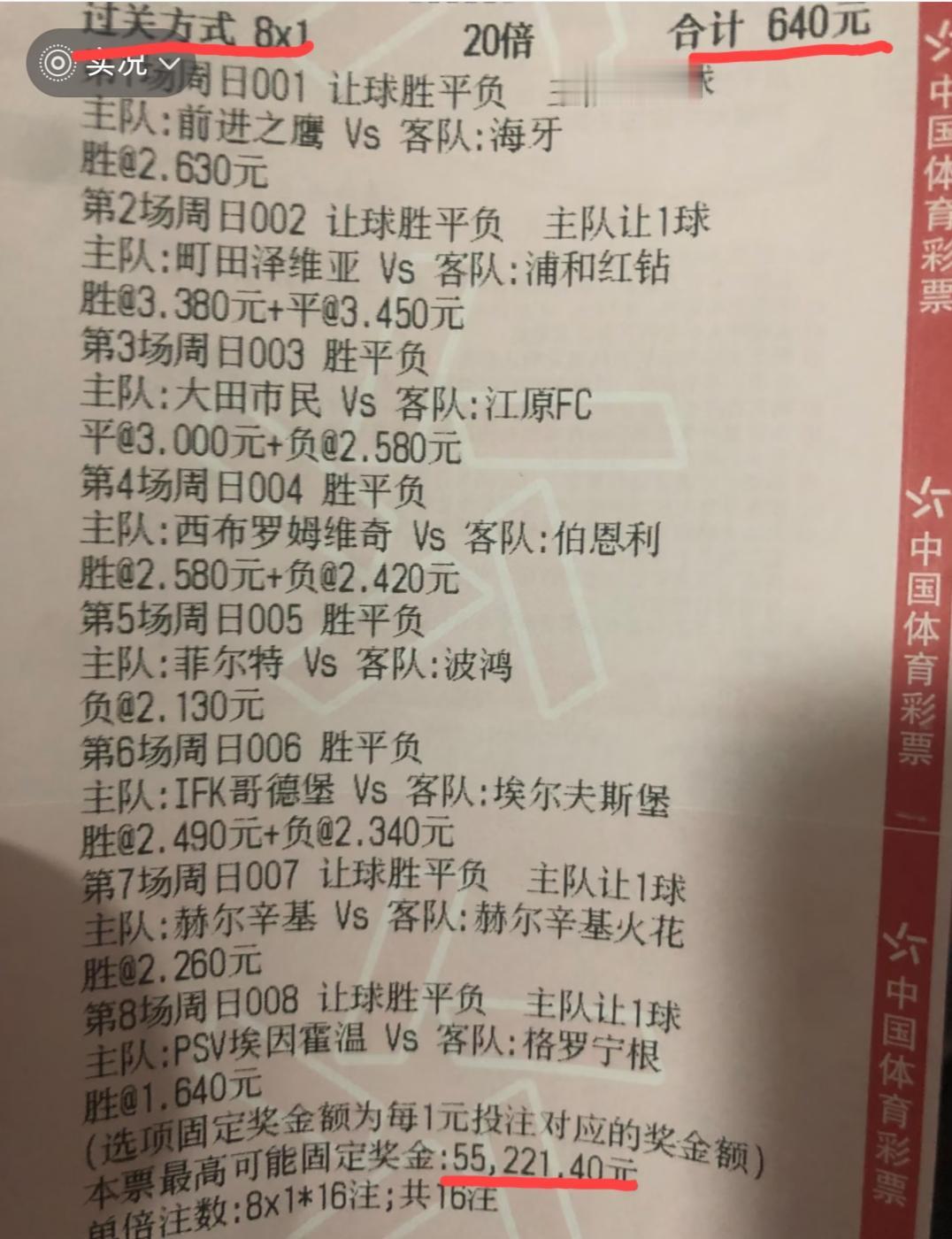 “8串1”的票，赔率高达差不多100倍，不搞一个容错，这位大哥胆子真够大的？大