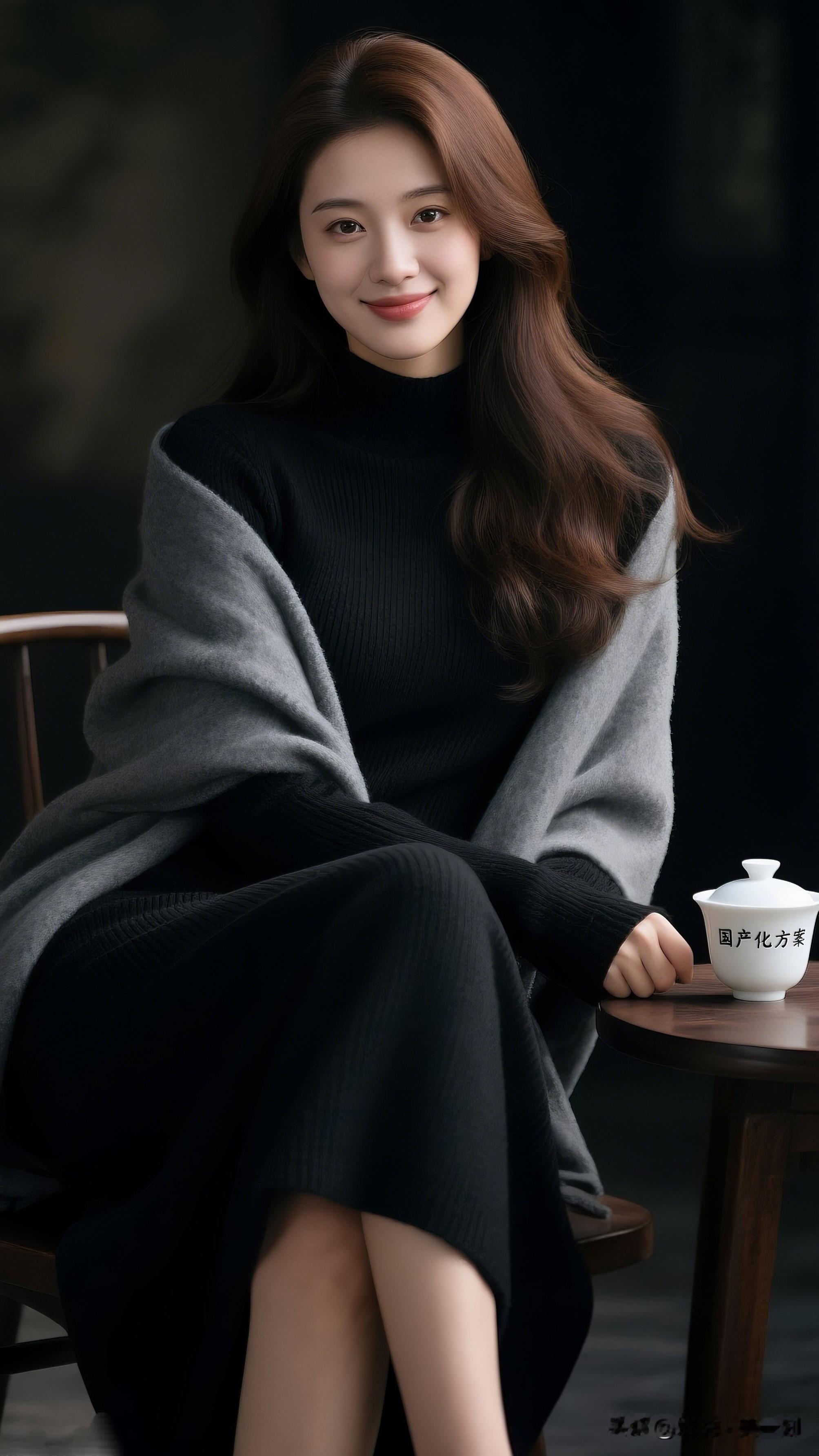 茶香满袖，岁月静好。优雅黑裙搭配灰色毛衣，茶香四溢的午后时光。