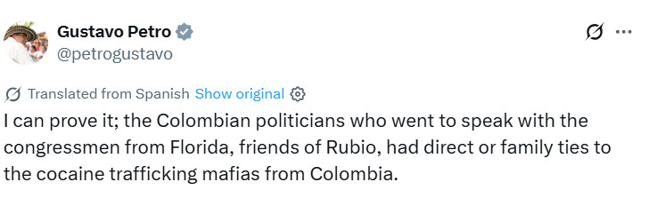 哥伦比亚总统古斯塔沃·佩特罗（GustavoPetro）在社交媒体发文称：他有