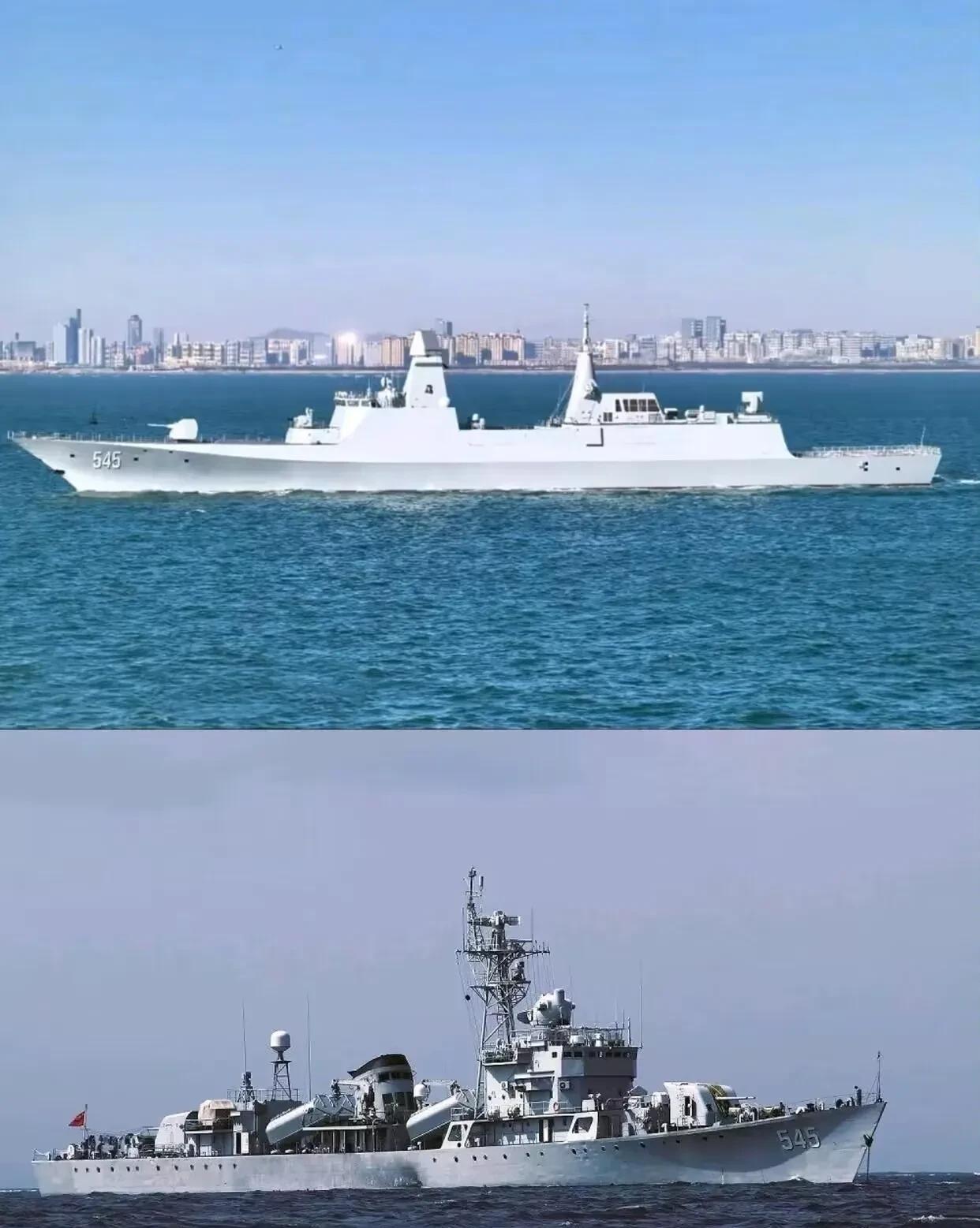 同样的舷号，不同型的军舰。下面这两张图片分别是054B首舰舷号545的漯河舰和