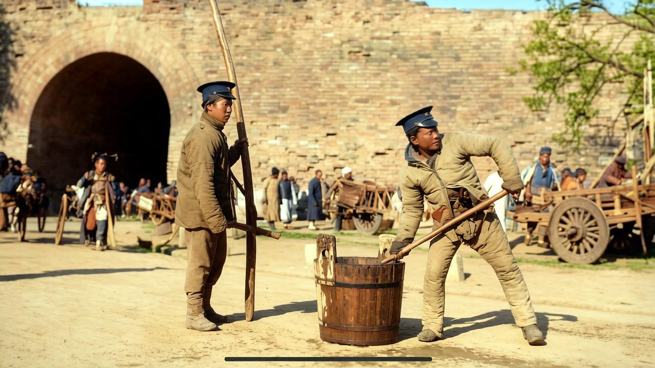 1920年代的北京城门口，两名男子正在用长柄水瓢往道路上洒水。那时候的道路都