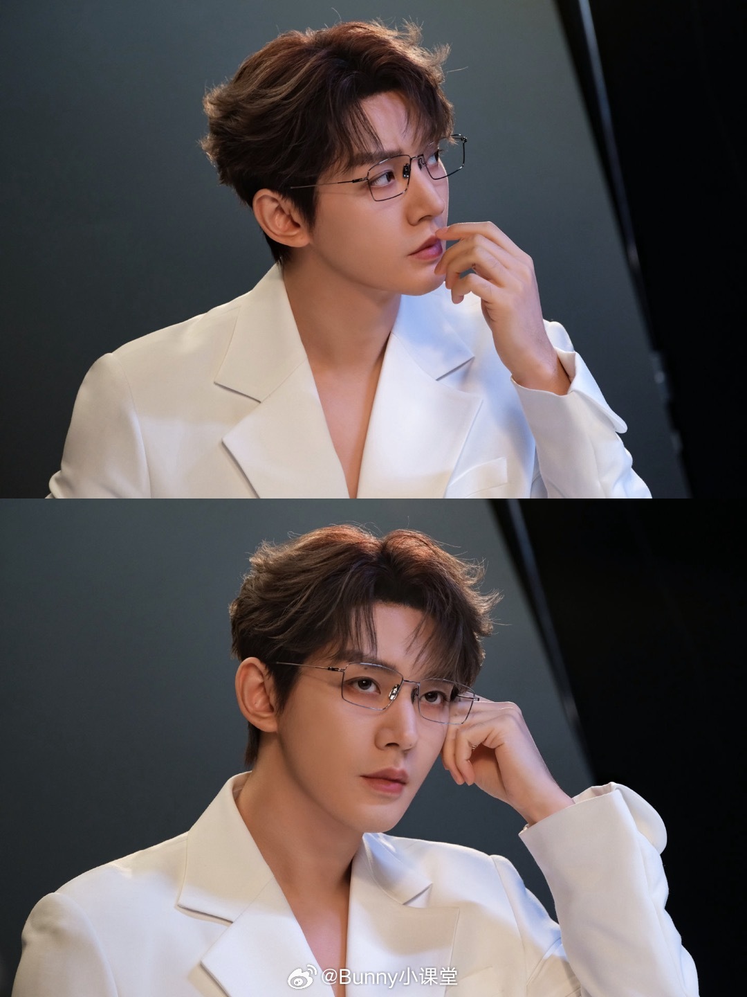 邓为戴银框眼镜太夯了白色系穿搭配上银边镜框眼镜，帅气程度直接给到一个“夯”！怼脸