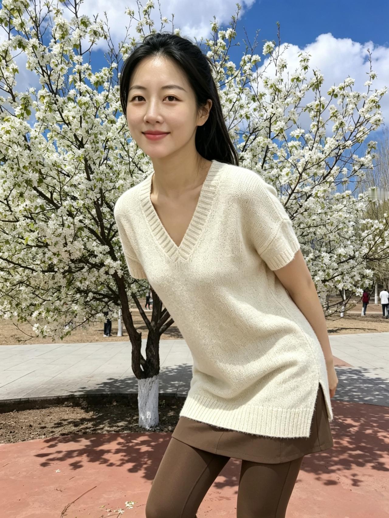 半袖轻衫衬柳腰，侧身一笑动春潮。梨花漫落晴光里，恰似风前雪未消。