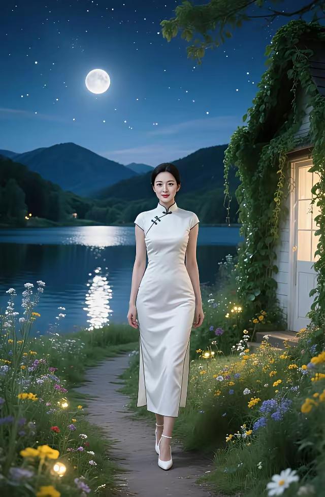 清江引·月畔旗袍行素衣旗袍明月照，汀畔兰香绕。湖摇碎玉星，藤覆青竹道。