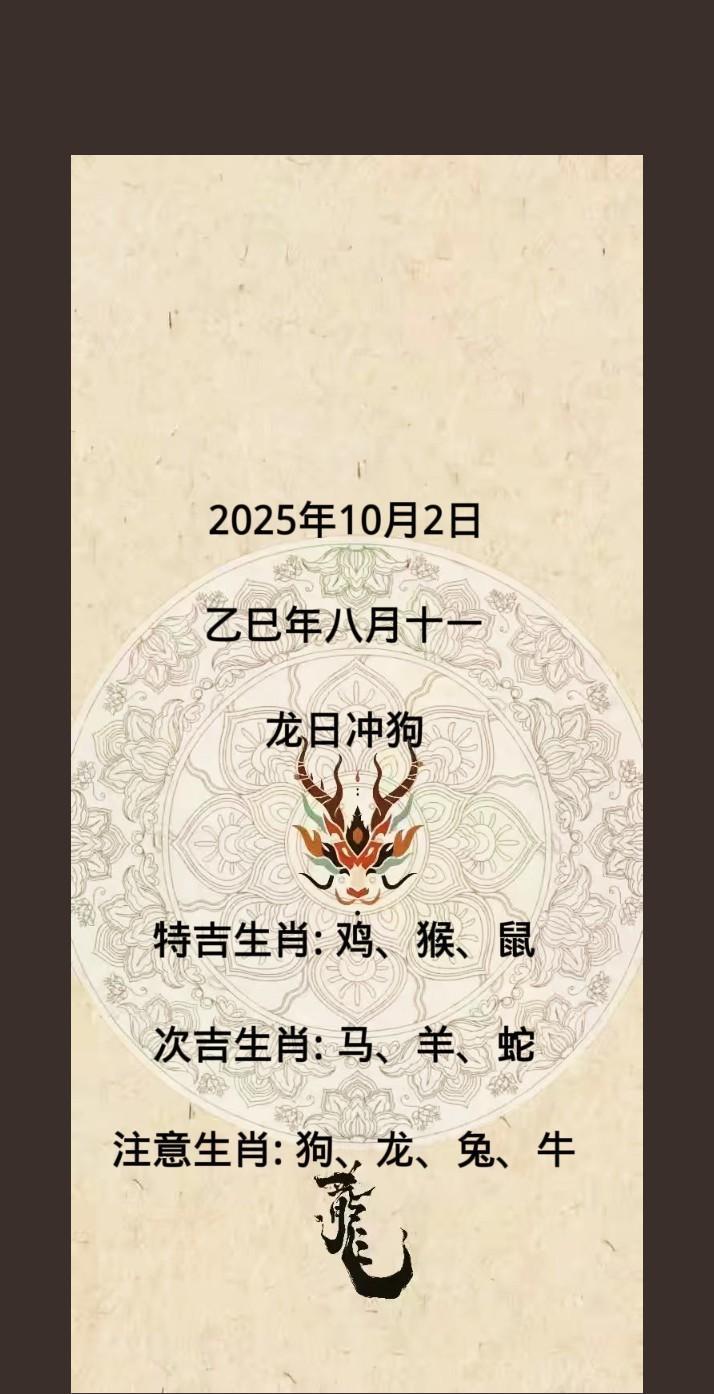 2025年10月2日乙巳年八月十一龙日冲狗特吉生肖:鸡、猴、鼠次吉生肖
