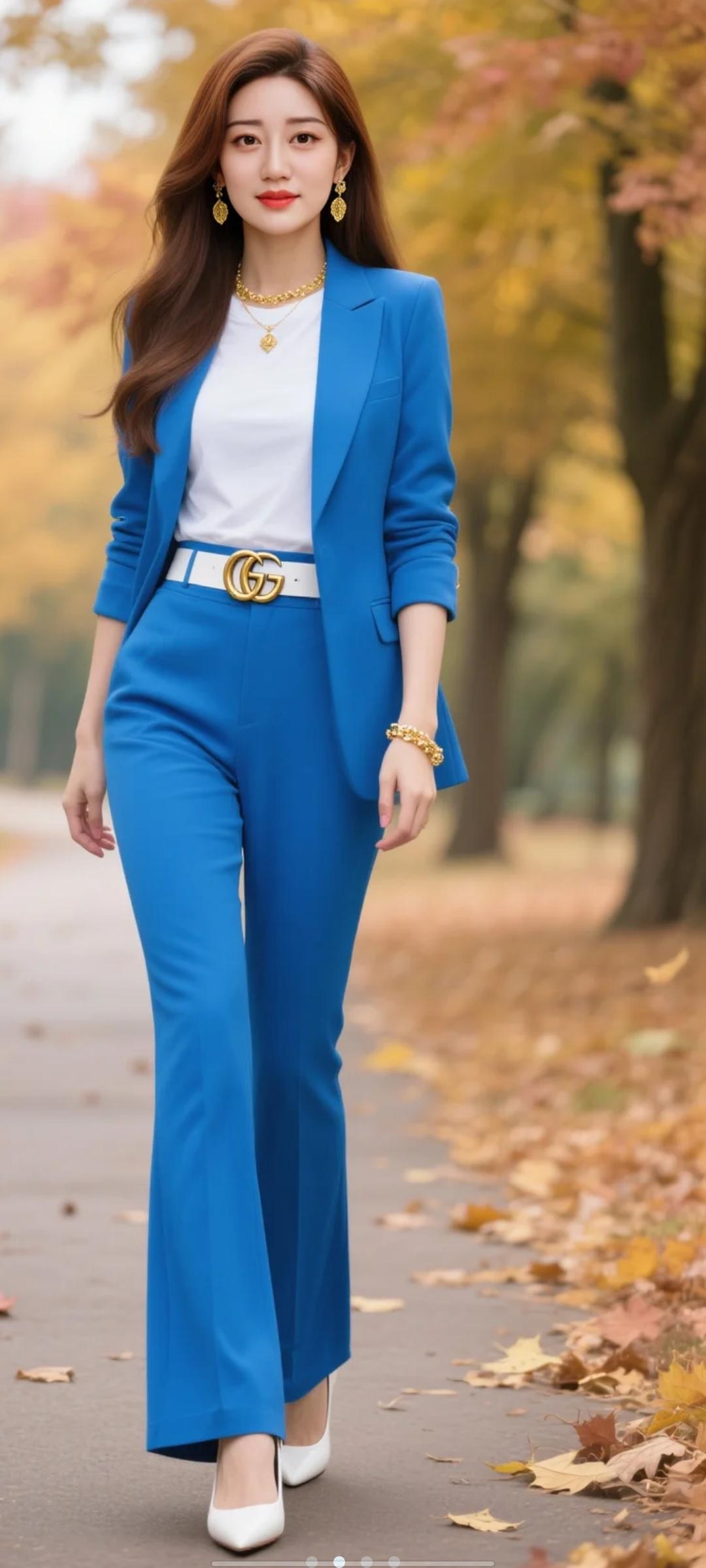秋日穿搭指南：蓝色西装套装，优雅自信，尽显时尚魅力！