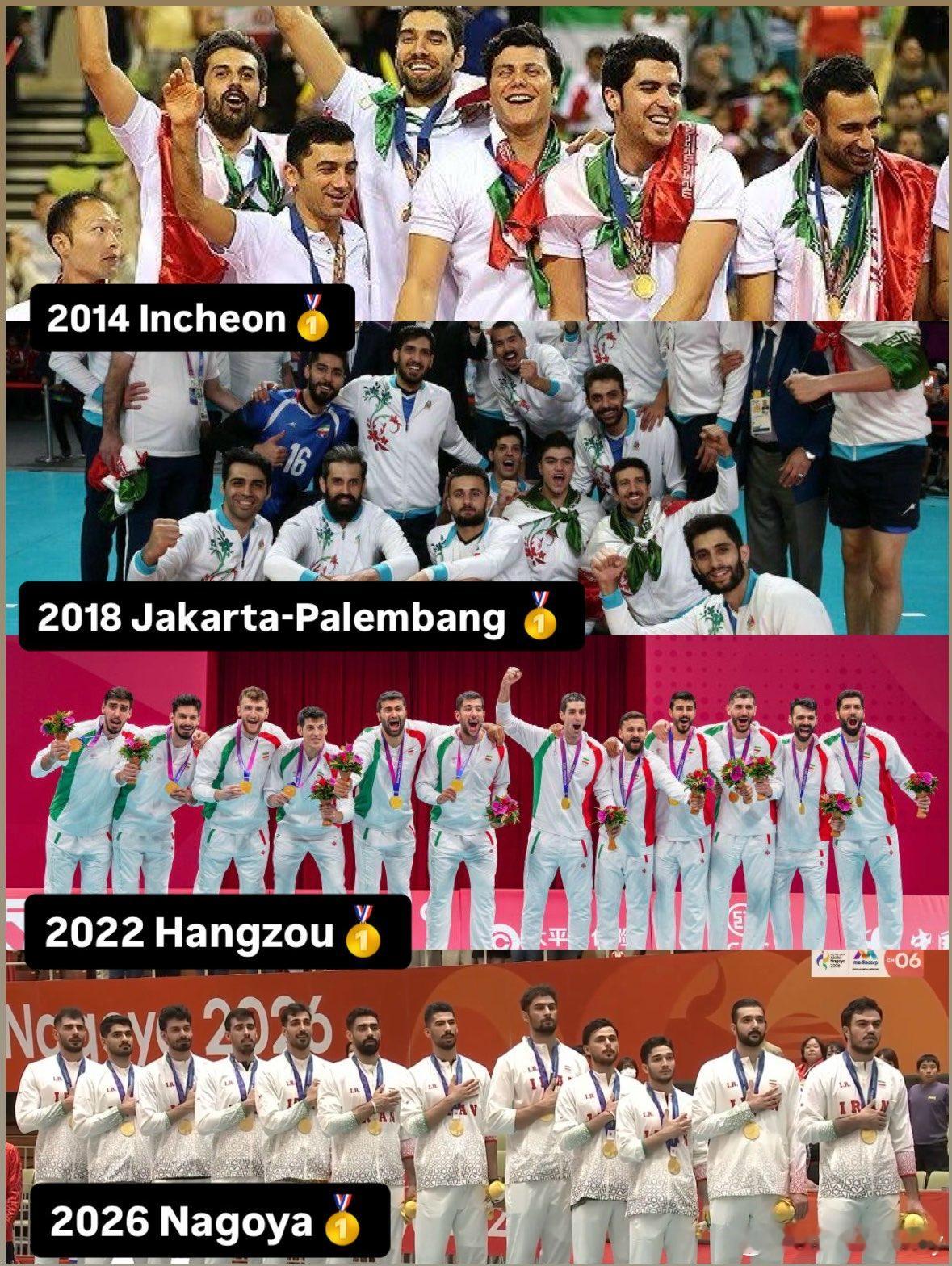 伊朗男排，亚运王朝稳固，四连冠[点赞]。2014仁川🥇——马鲁夫、赛义德、