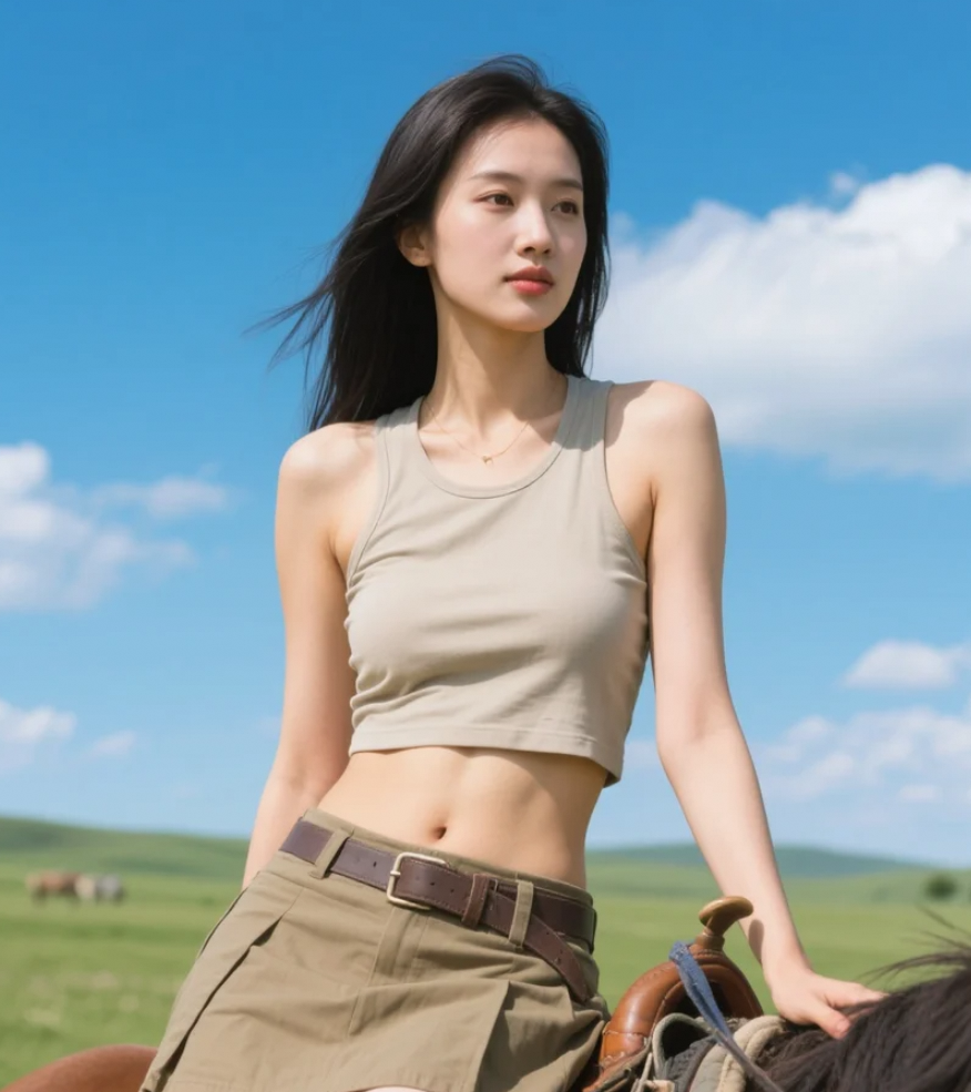 骑马间隙的亚洲美女，阳光下散发自由气息