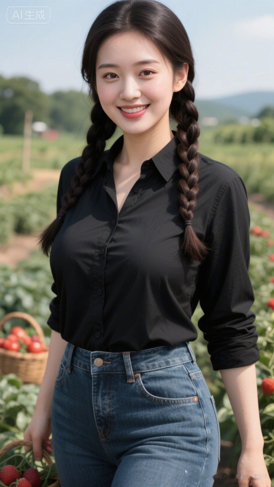 微笑女孩在田野里摘草莓。