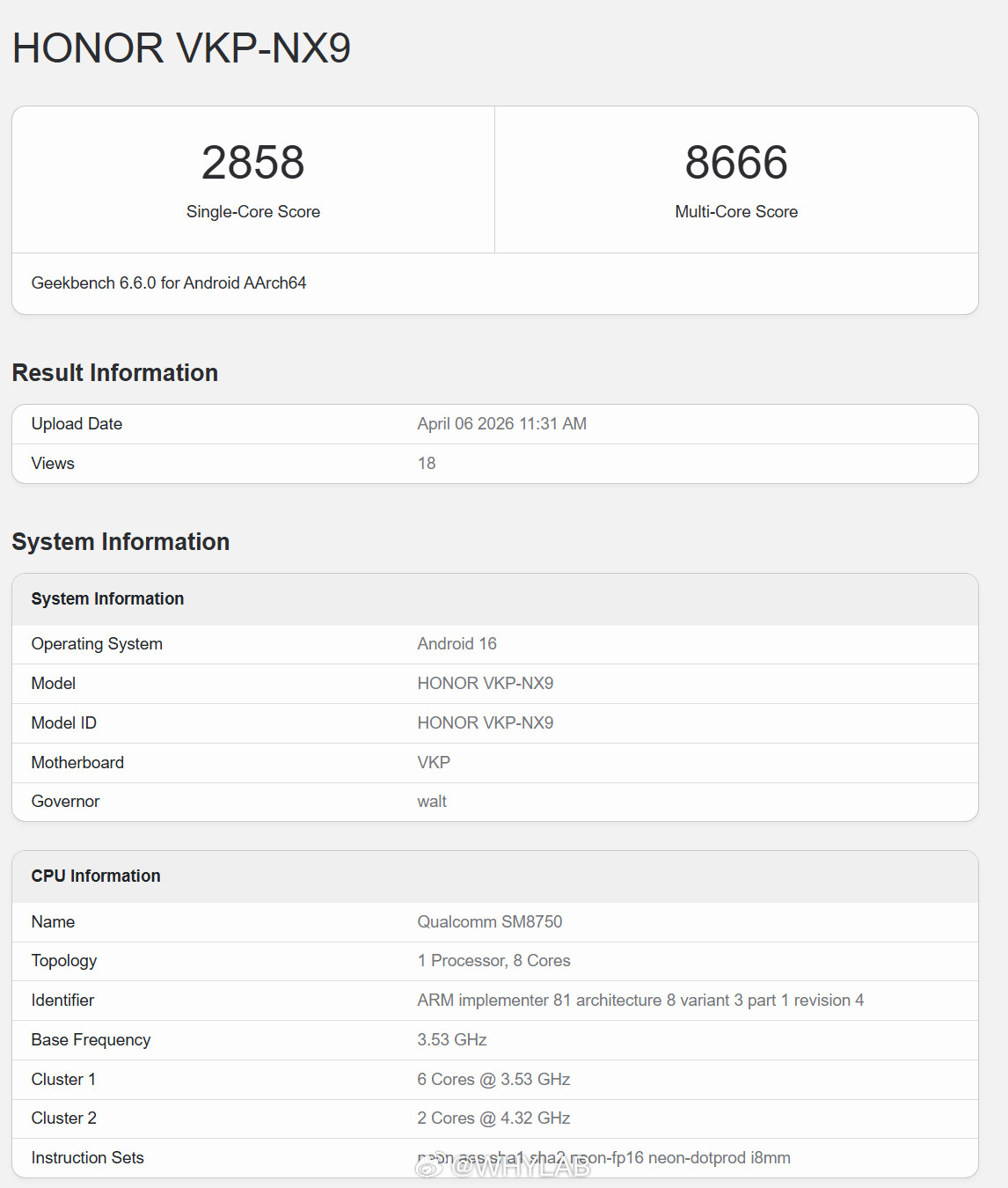 荣耀600Pro的GeekBench6跑分出炉，型号HONORVK