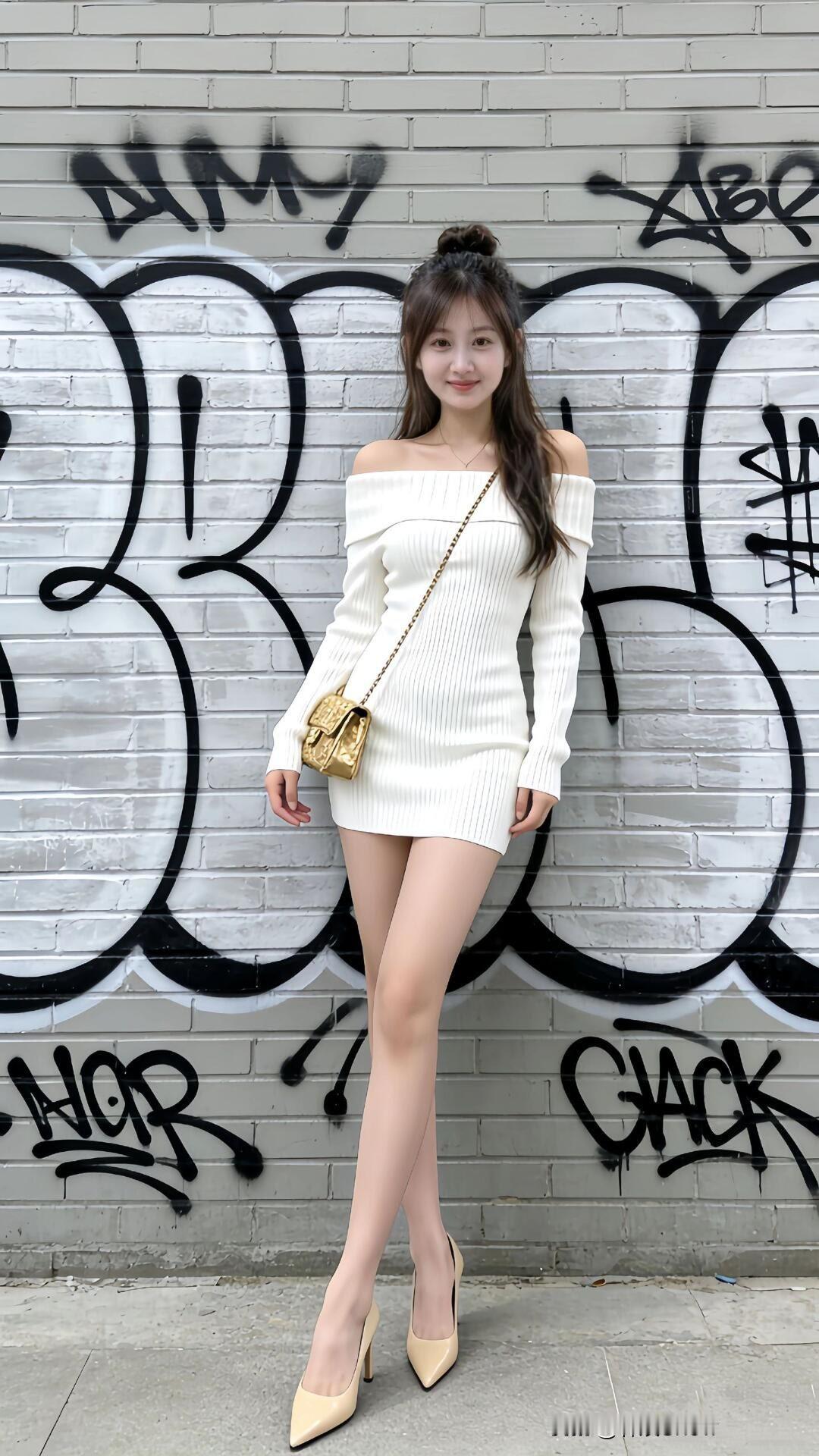 都市酷炫风穿搭，白色露肩毛衣搭配金色手袋，街头感十足！