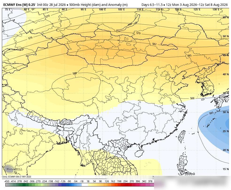 按照ec模式的集合平均500高度场的预报来看,8月上旬副热带高压已经彻底退出我国