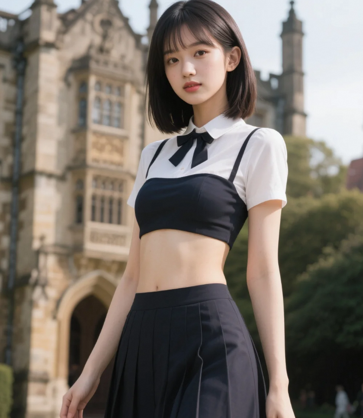 身着英伦风皮衣与短裙的美少女