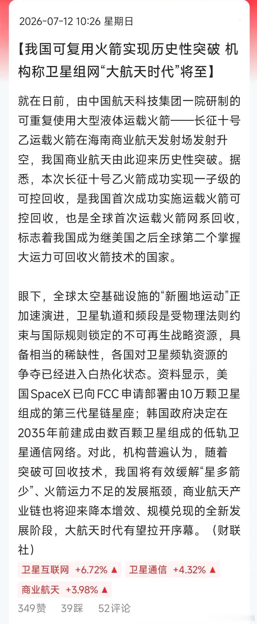 周末热度最高的是商业航天，周五长征十号乙运载火箭成功回收，这事儿继续发酵了！比如