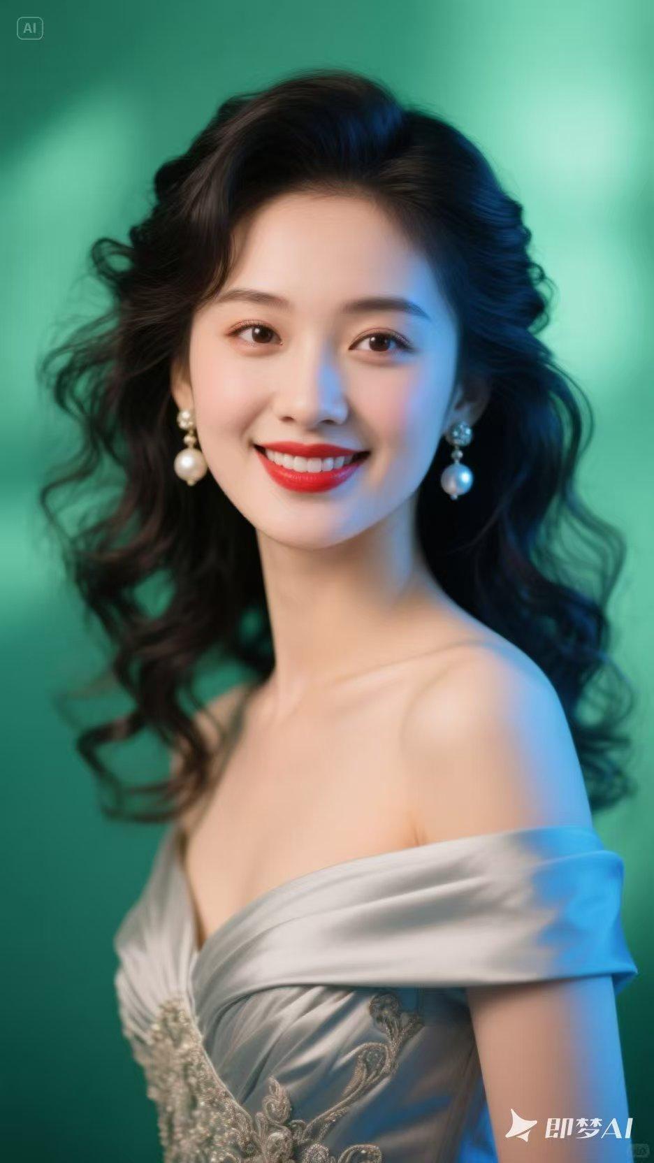 她宛若仙女轻落人间，眉眼温柔含光，笑容清甜动人。身姿优雅温婉，气质纯净灵动，一颦