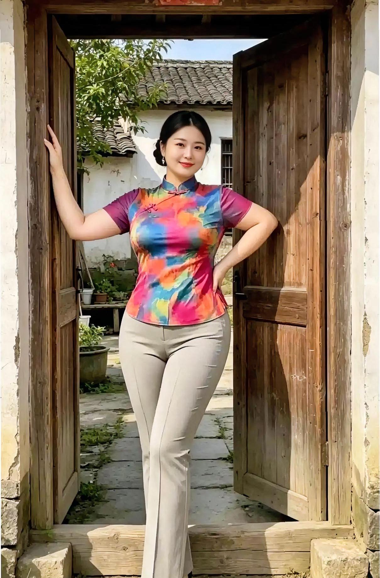 《老门框里的绚色》老木门轻启，迎一院晴光，扎染旗袍，晕染斑斓的暖。立