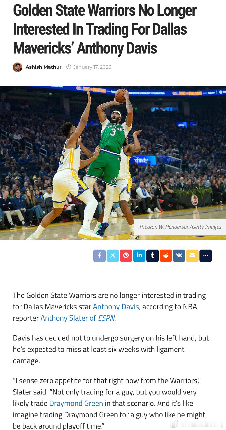 AnthonySlater：勇士对浓眉不再有兴趣。“我察觉到勇士目前对此完全没