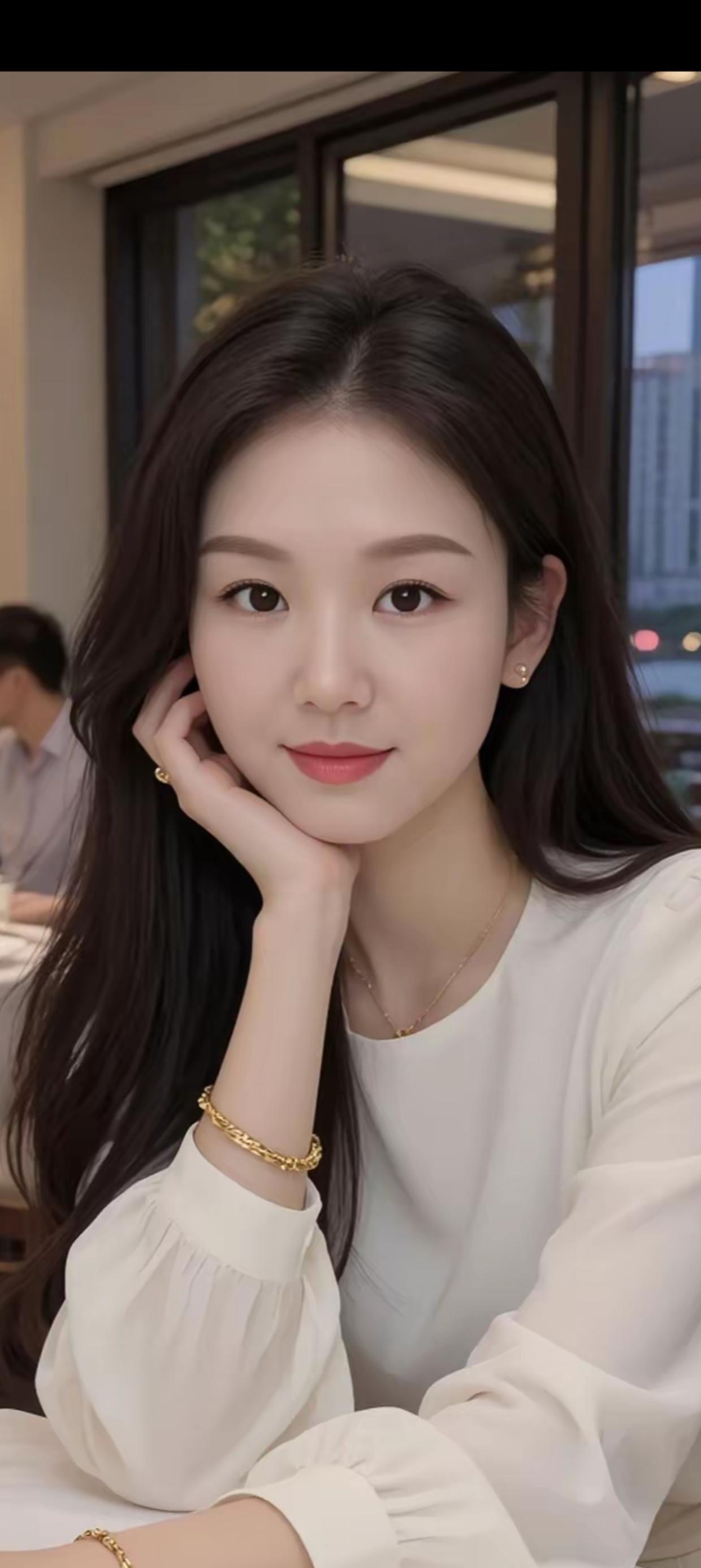 优雅白裙，精致妆容，咖啡馆里的一抹温柔时光。